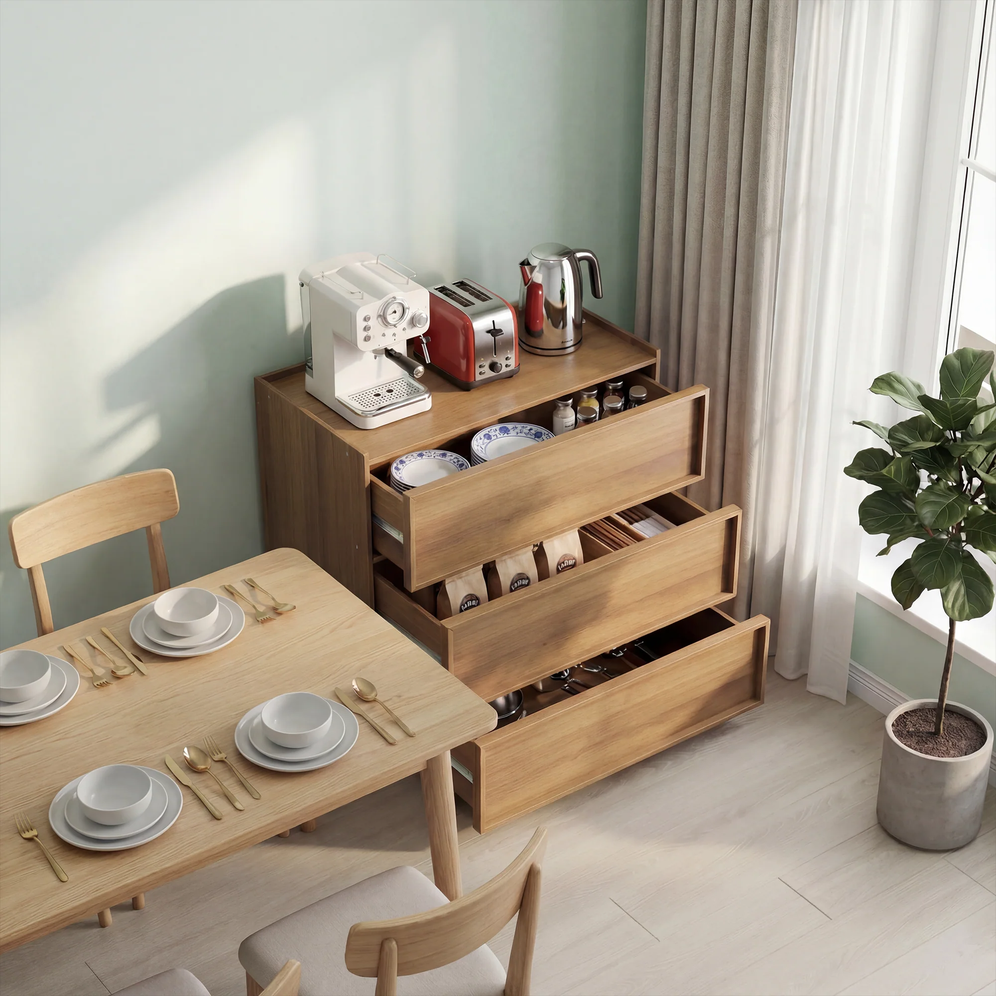 Chest of Drawers with 3 Storage Drawers and Metal Rails, Oak Wood Look - Image 4