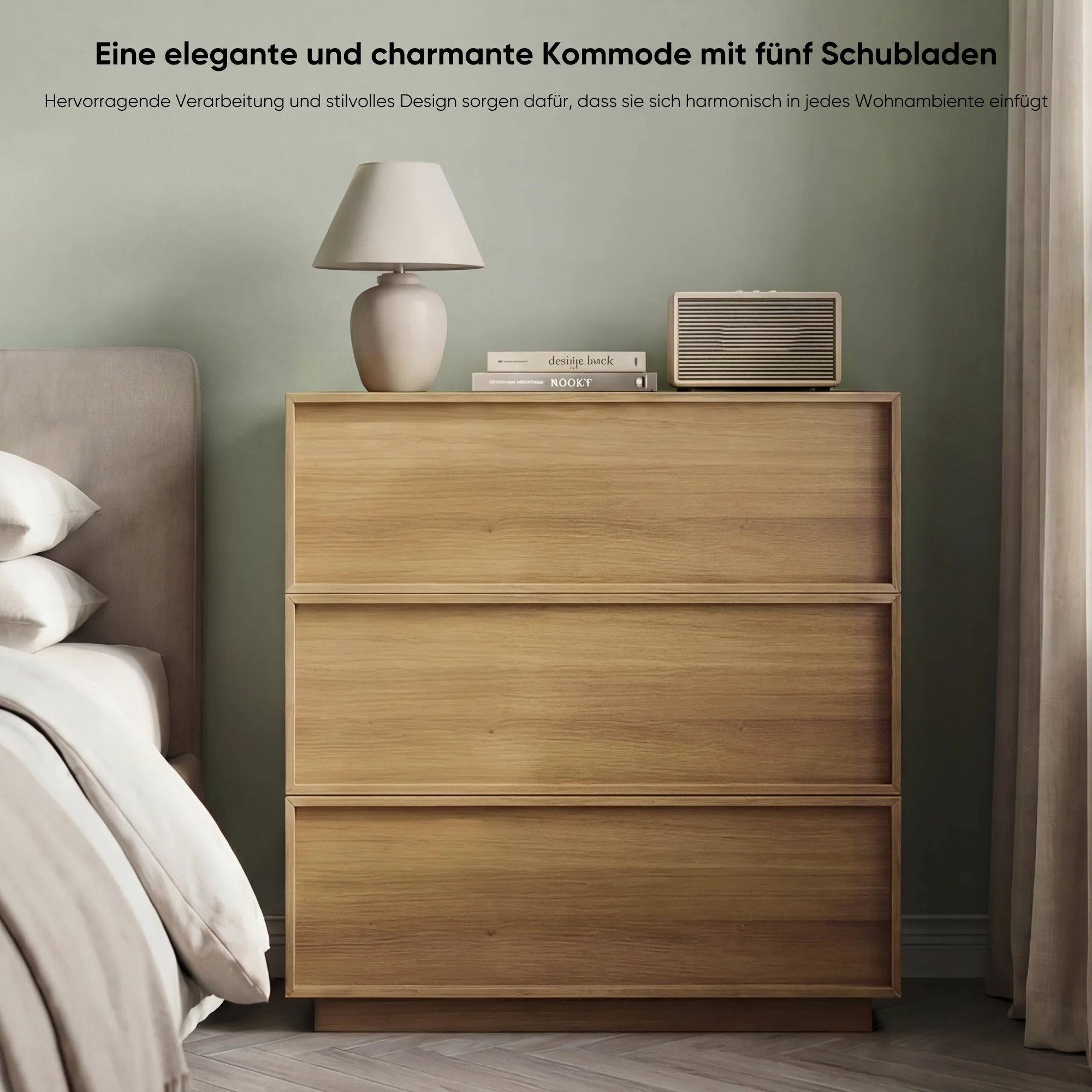 Chest of Drawers with 3 Storage Drawers and Metal Rails, Oak Wood Look - Image 5