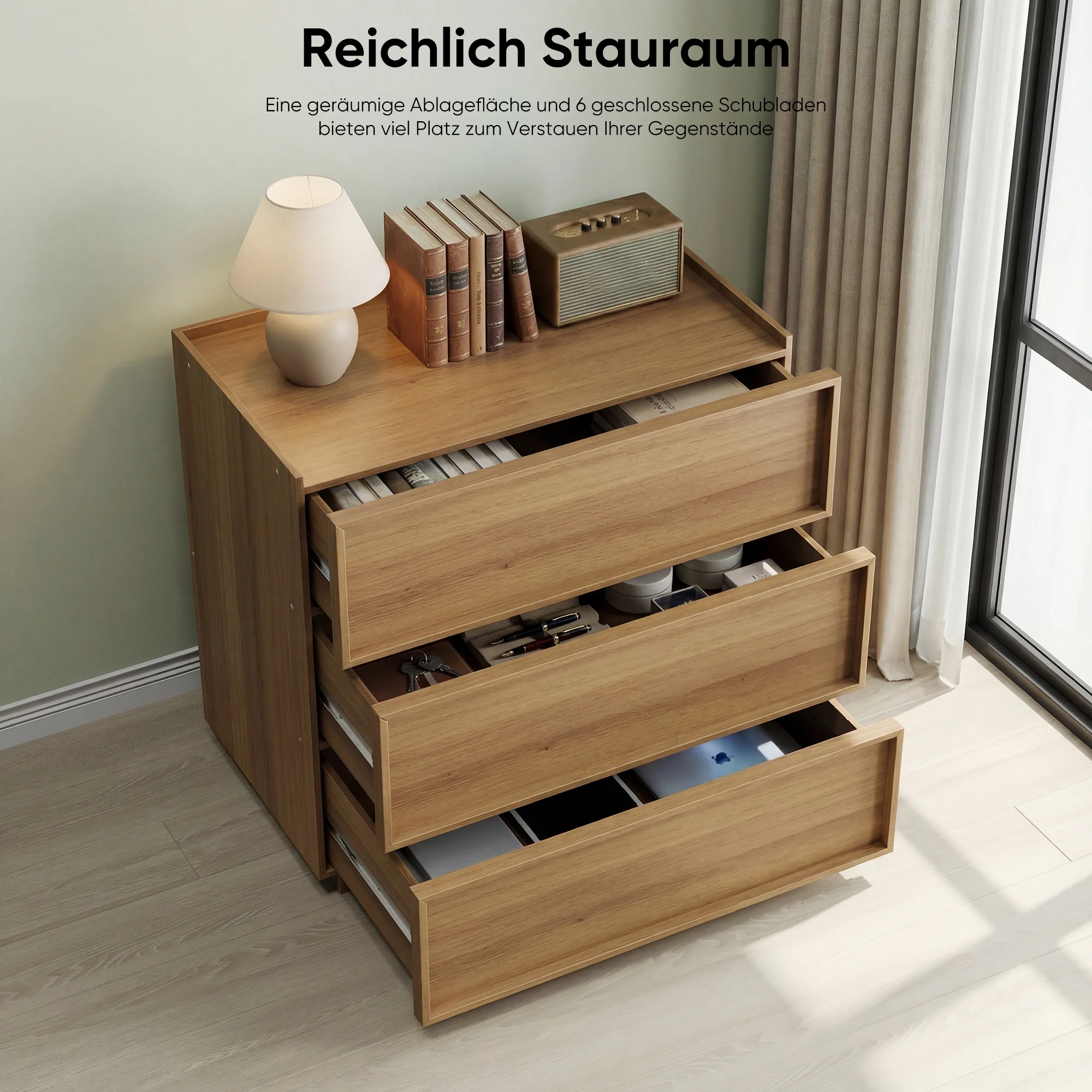 Chest of Drawers with 3 Storage Drawers and Metal Rails, Oak Wood Look - Image 7