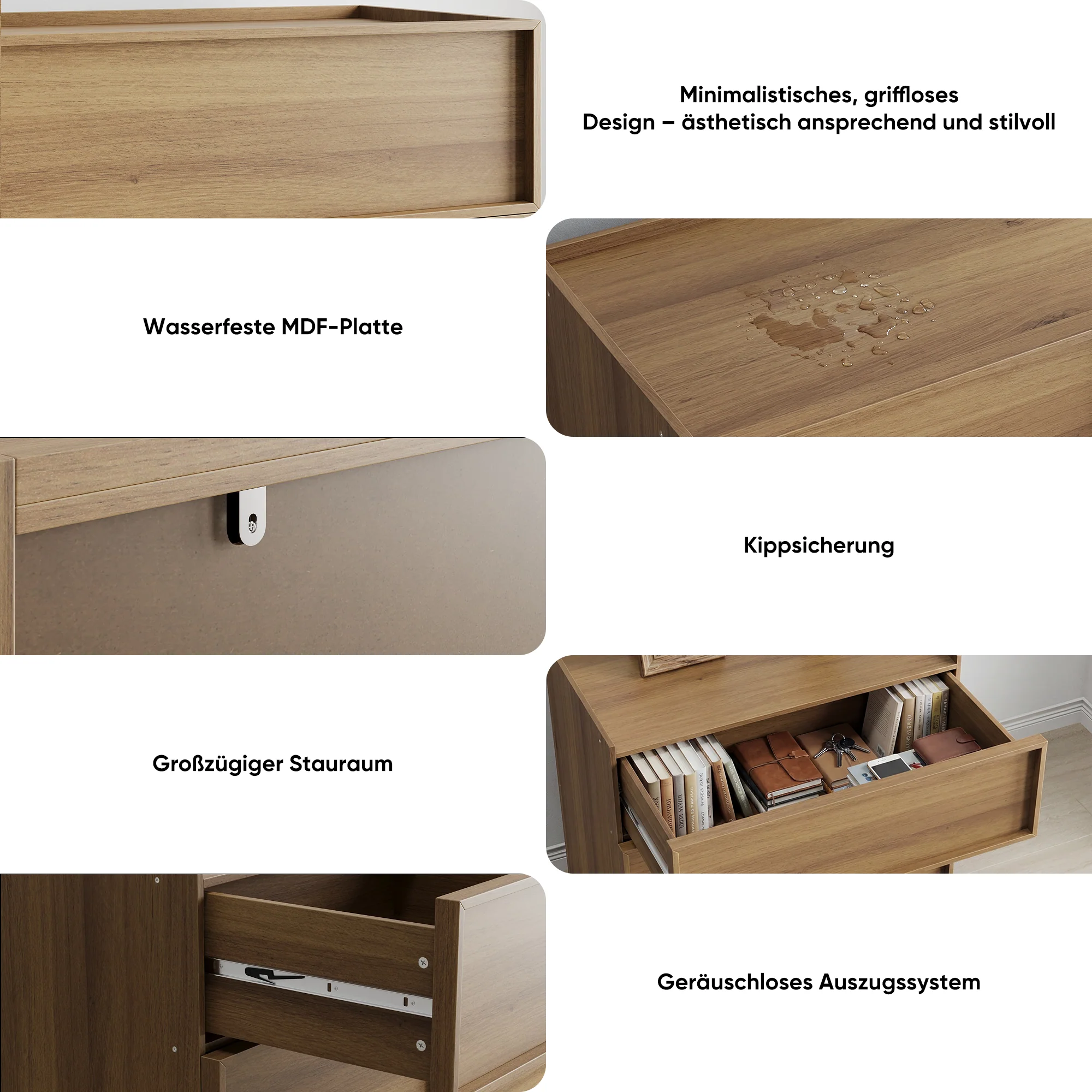 Chest of Drawers with 3 Storage Drawers and Metal Rails, Oak Wood Look - Image 8