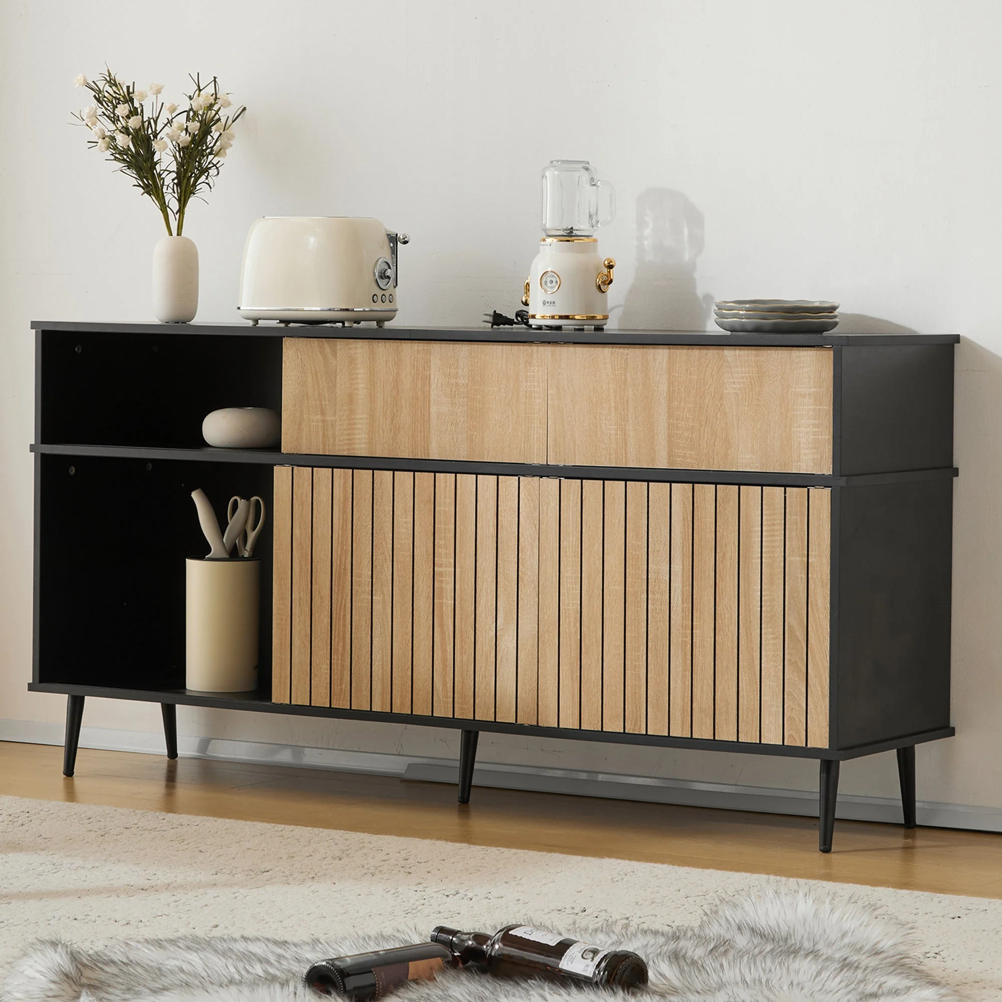 Chest of drawers with 4 sliding doors and 1 drawer, oak and black, 160W x 40D x 80H - Image 3