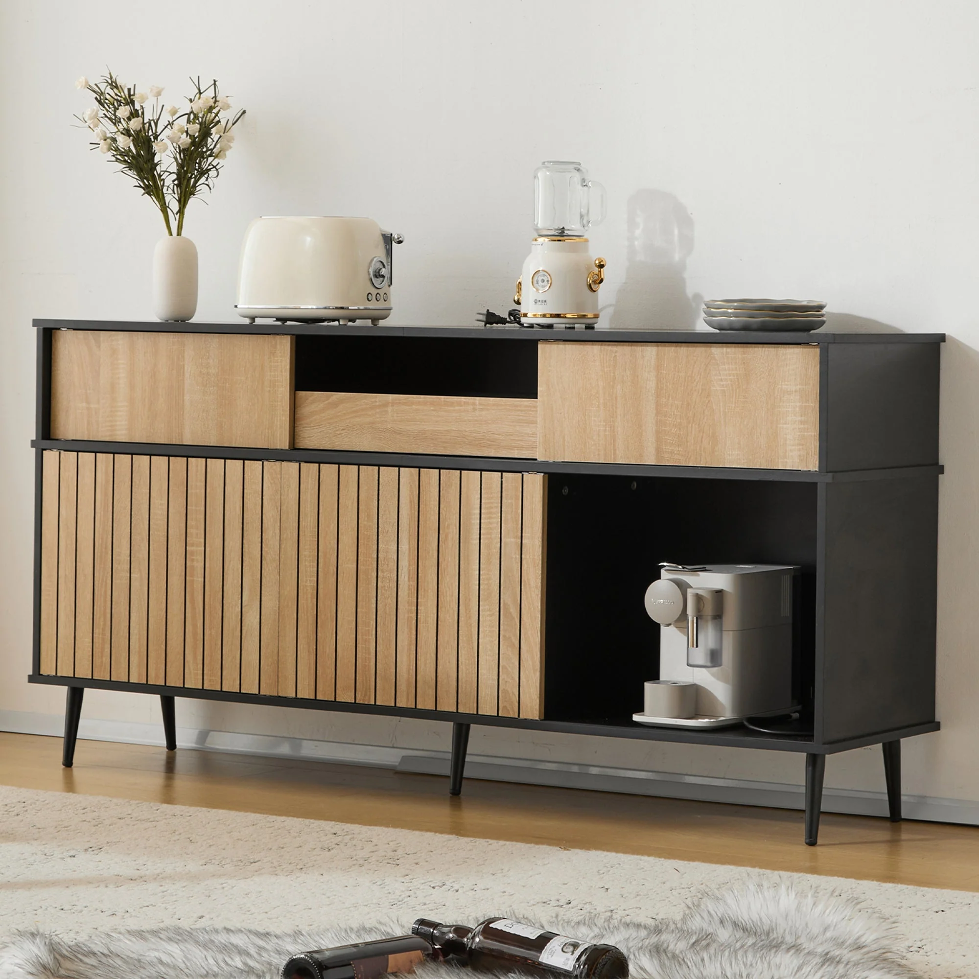 Chest of drawers with 4 sliding doors and 1 drawer, oak and black, 160W x 40D x 80H - Image 4