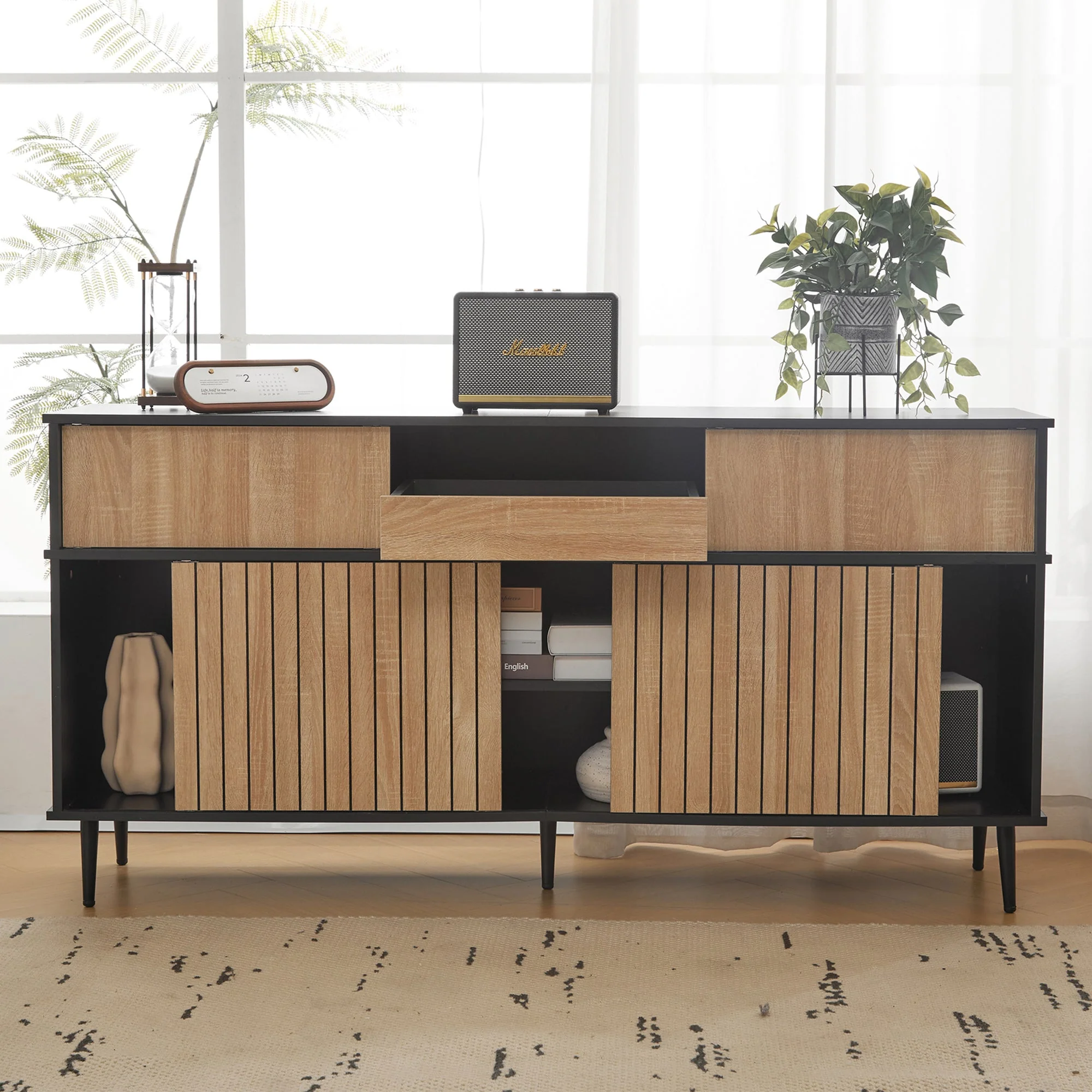 Chest of drawers with 4 sliding doors and 1 drawer, oak and black, 160W x 40D x 80H - Image 5