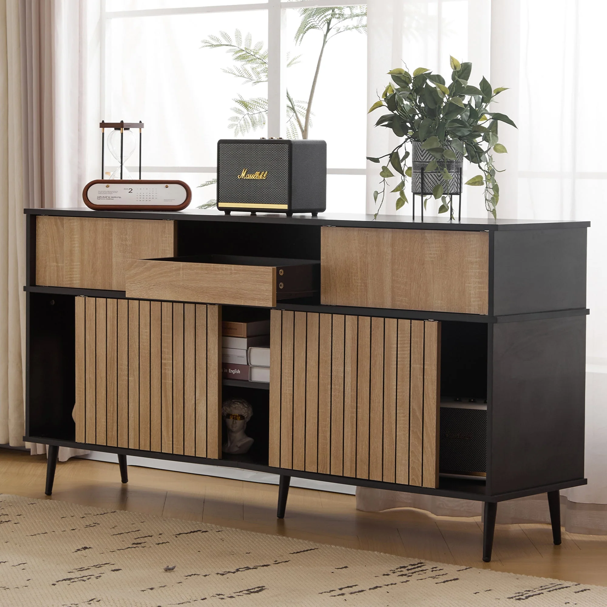 Chest of drawers with 4 sliding doors and 1 drawer, oak and black, 160W x 40D x 80H - Image 6