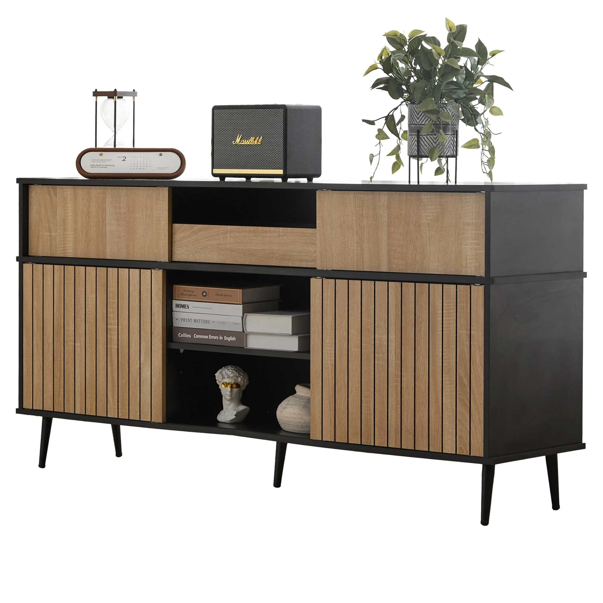 Chest of drawers with 4 sliding doors and 1 drawer, oak and black, 160W x 40D x 80H - Image 7