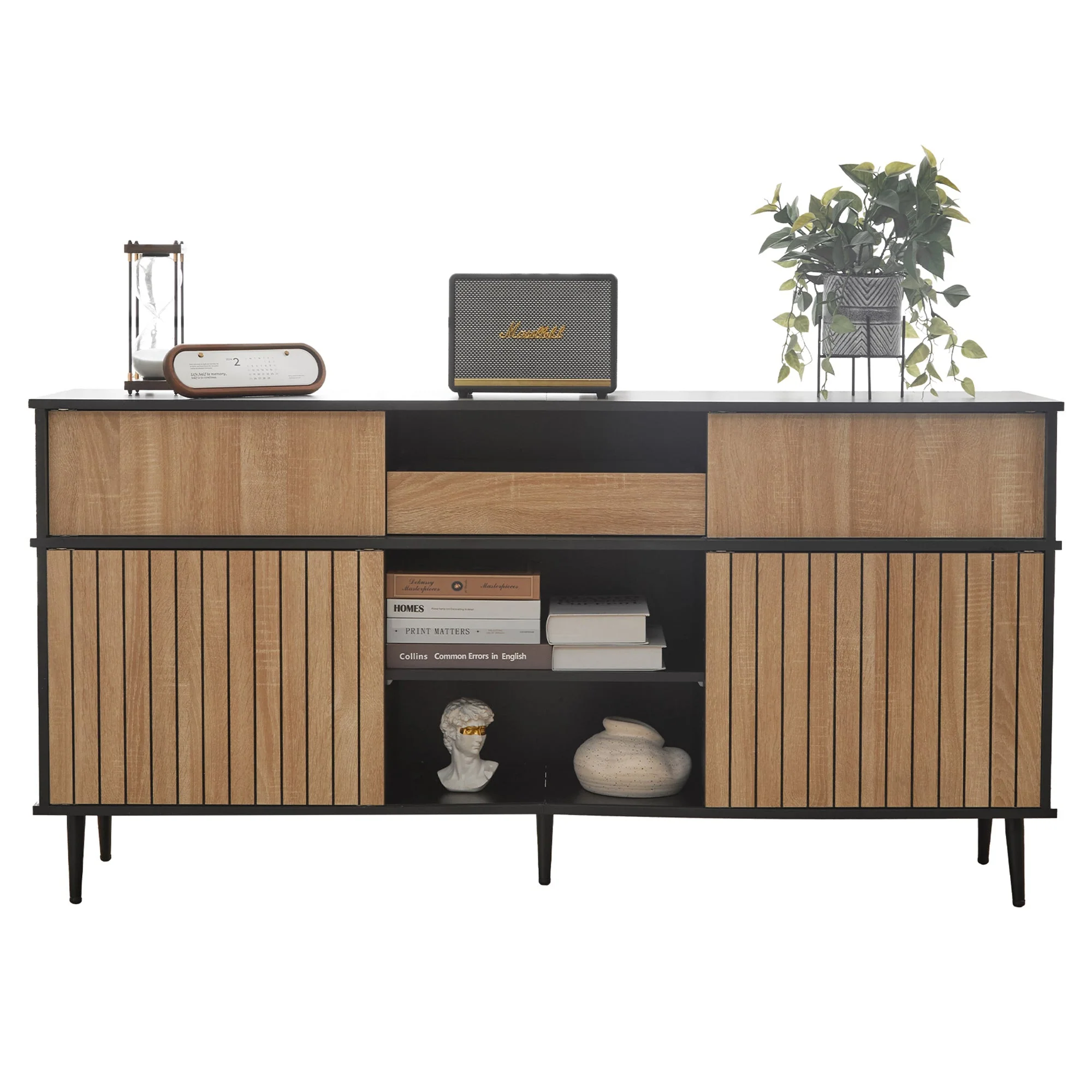 Chest of drawers with 4 sliding doors and 1 drawer, oak and black, 160W x 40D x 80H - Image 8