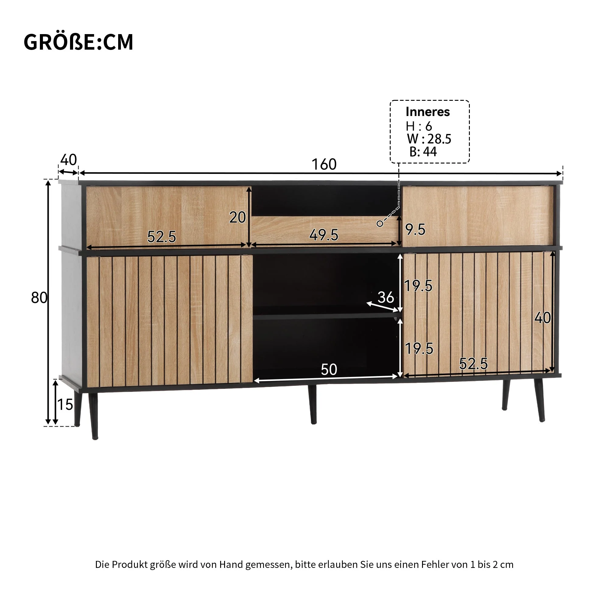 Chest of drawers with 4 sliding doors and 1 drawer, oak and black, 160W x 40D x 80H - Image 9