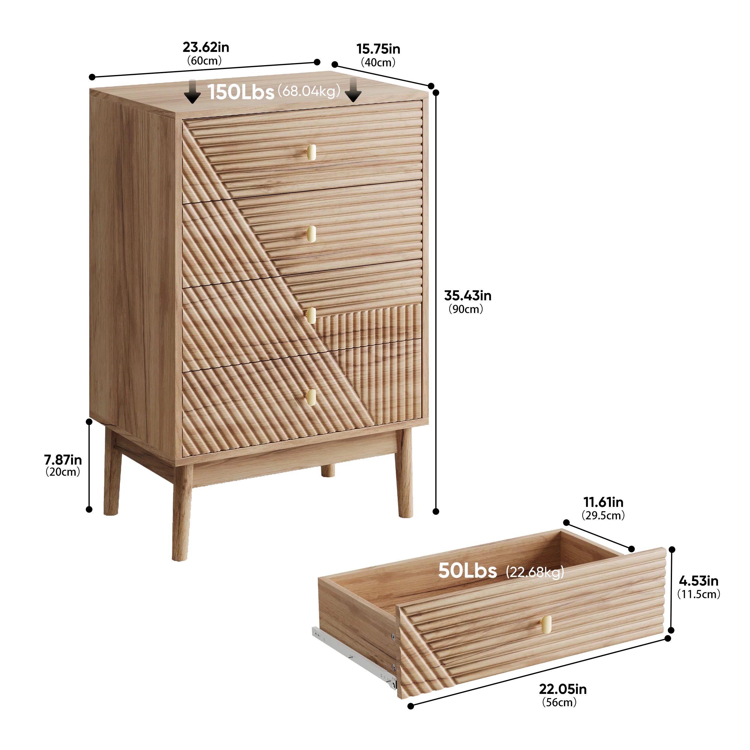 Chest of Drawers with 4 Storage Drawers and Wooden Wardrobe Cabinet, Oak Color - Image 2