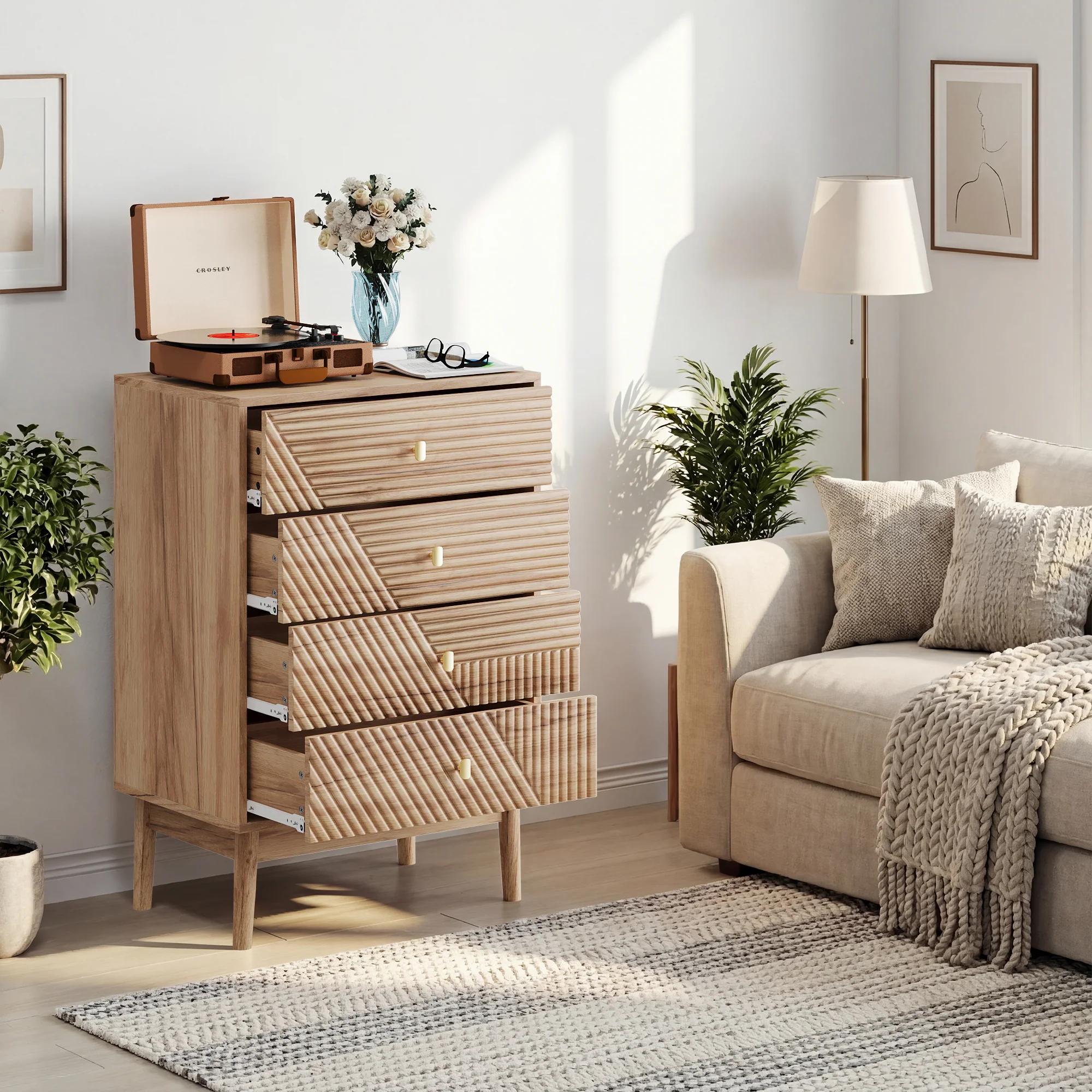Chest of Drawers with 4 Storage Drawers and Wooden Wardrobe Cabinet, Oak Color - Image 3