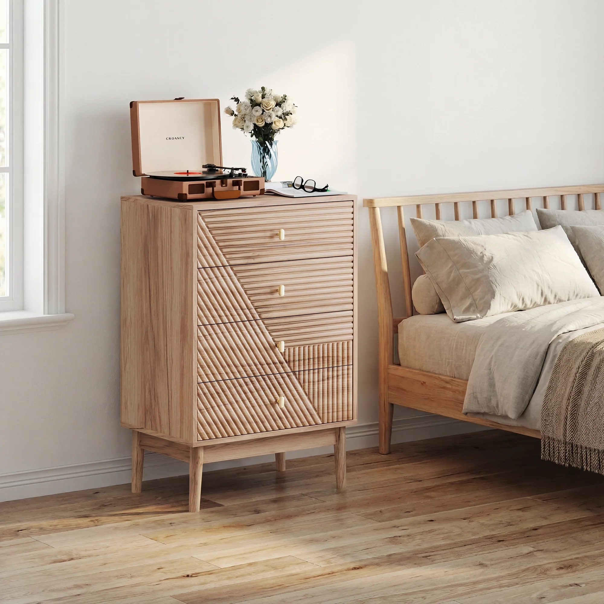 Chest of Drawers with 4 Storage Drawers and Wooden Wardrobe Cabinet, Oak Color - Image 4