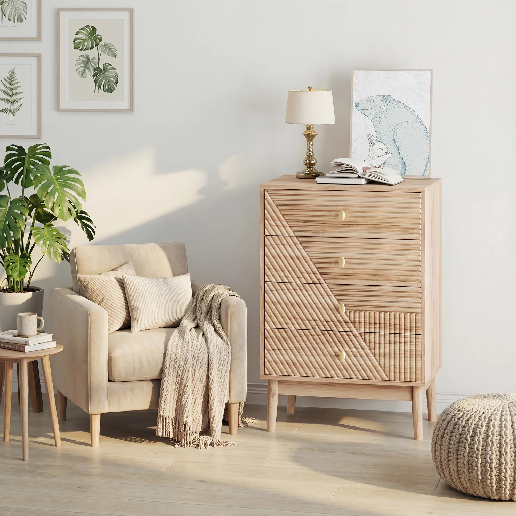 Chest of Drawers with 4 Storage Drawers and Wooden Wardrobe Cabinet, Oak Color - Image 5