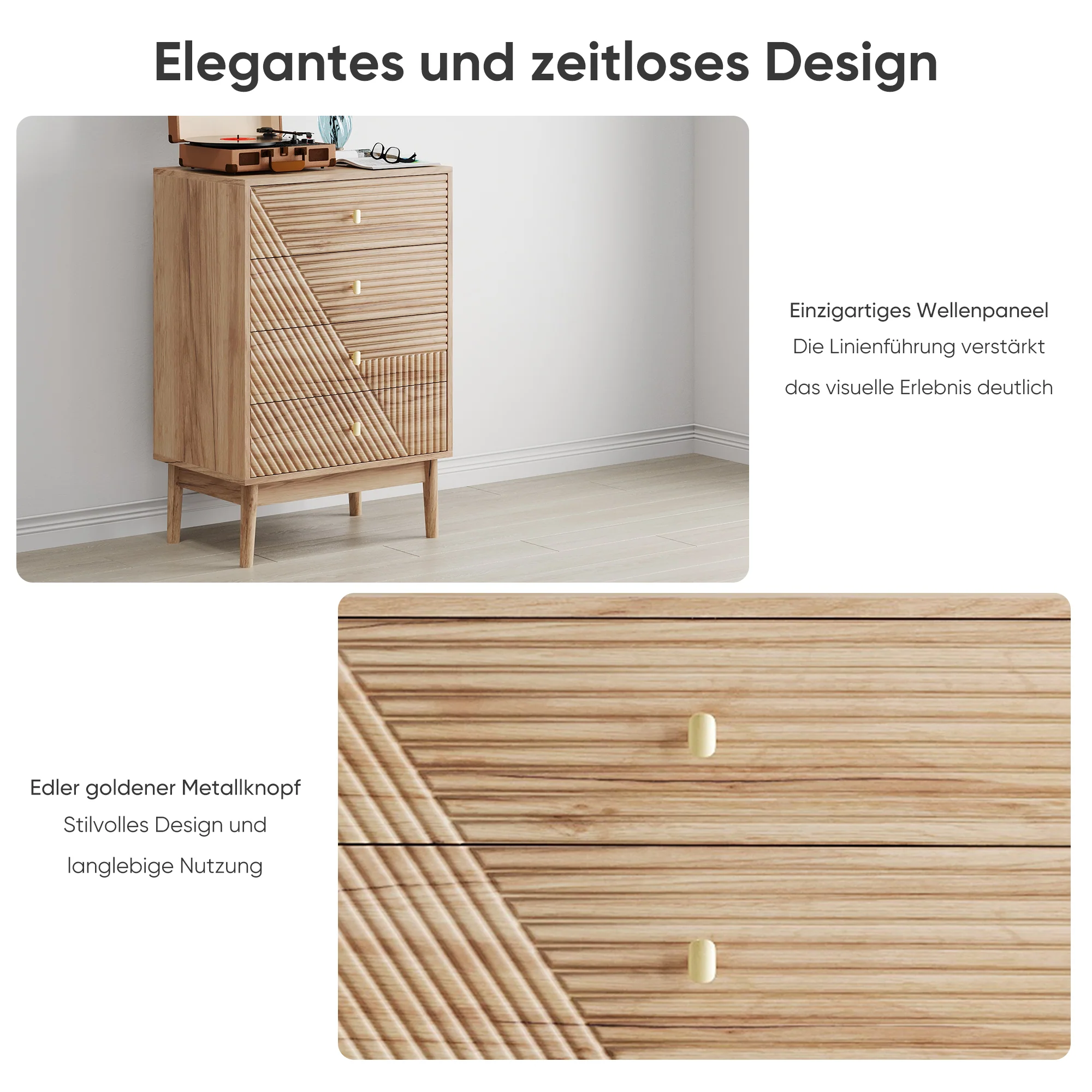 Chest of Drawers with 4 Storage Drawers and Wooden Wardrobe Cabinet, Oak Color - Image 6