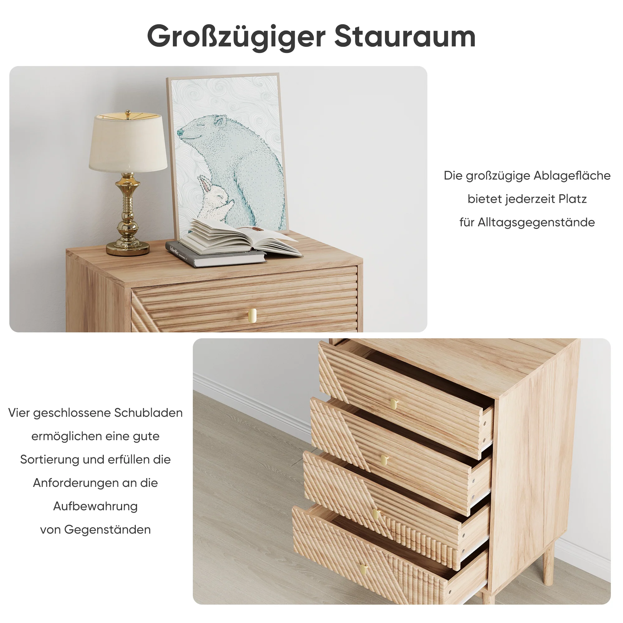 Chest of Drawers with 4 Storage Drawers and Wooden Wardrobe Cabinet, Oak Color - Image 8