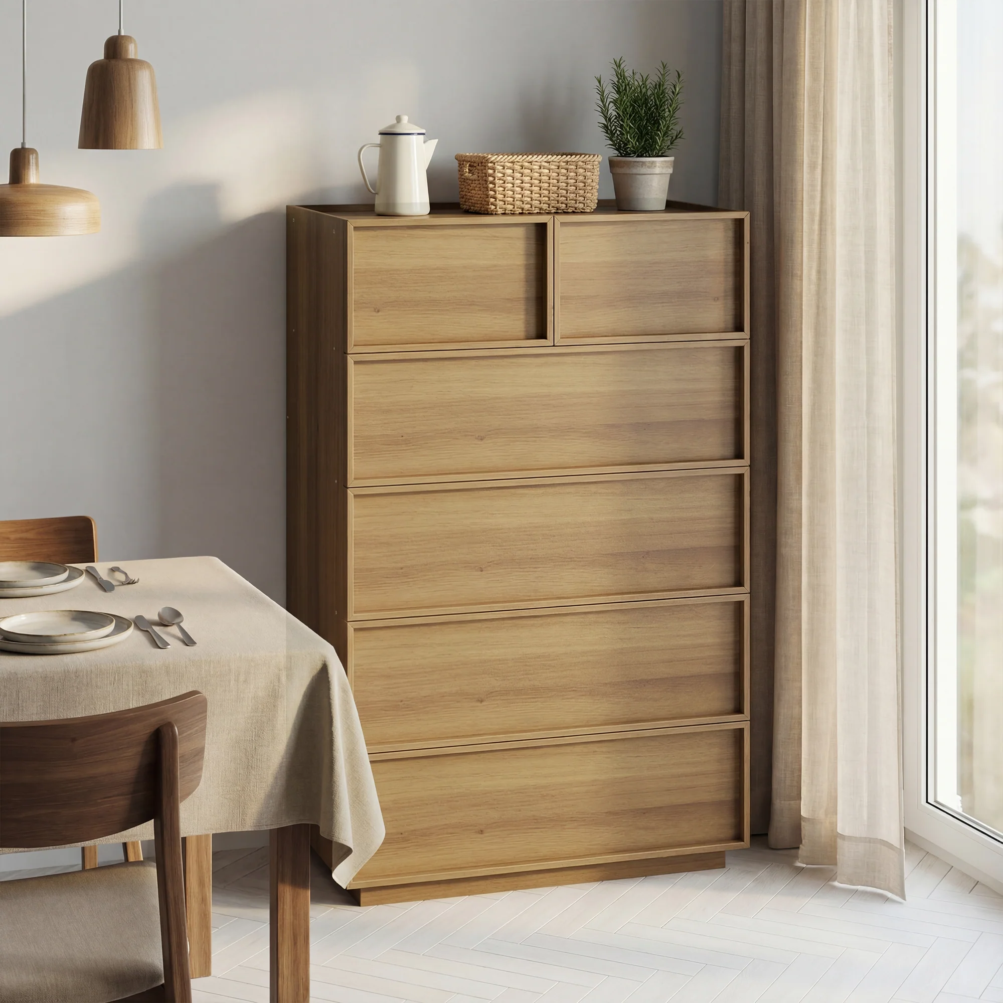Chest of Drawers with 6 Drawers and Dressing Table, 80x48x127cm, Oak Color Wood - Image 3