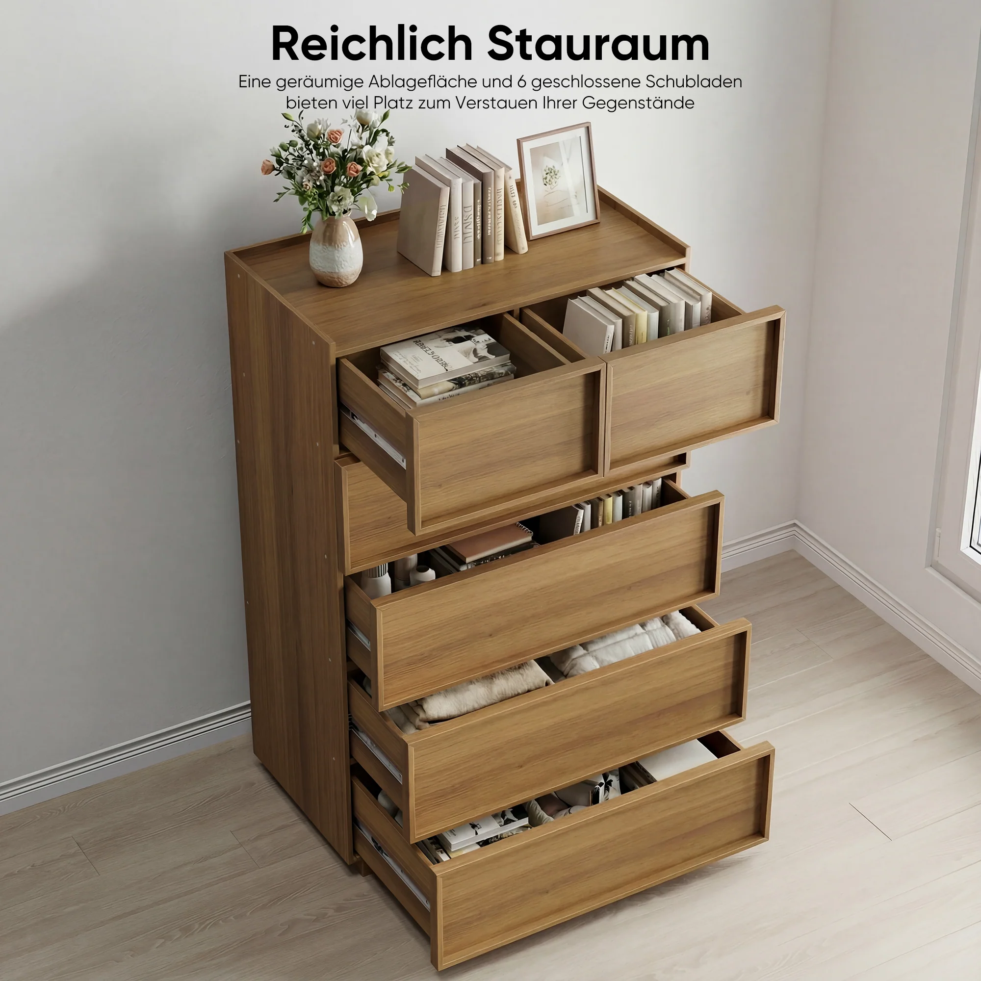 Chest of Drawers with 6 Drawers and Dressing Table, 80x48x127cm, Oak Color Wood - Image 8