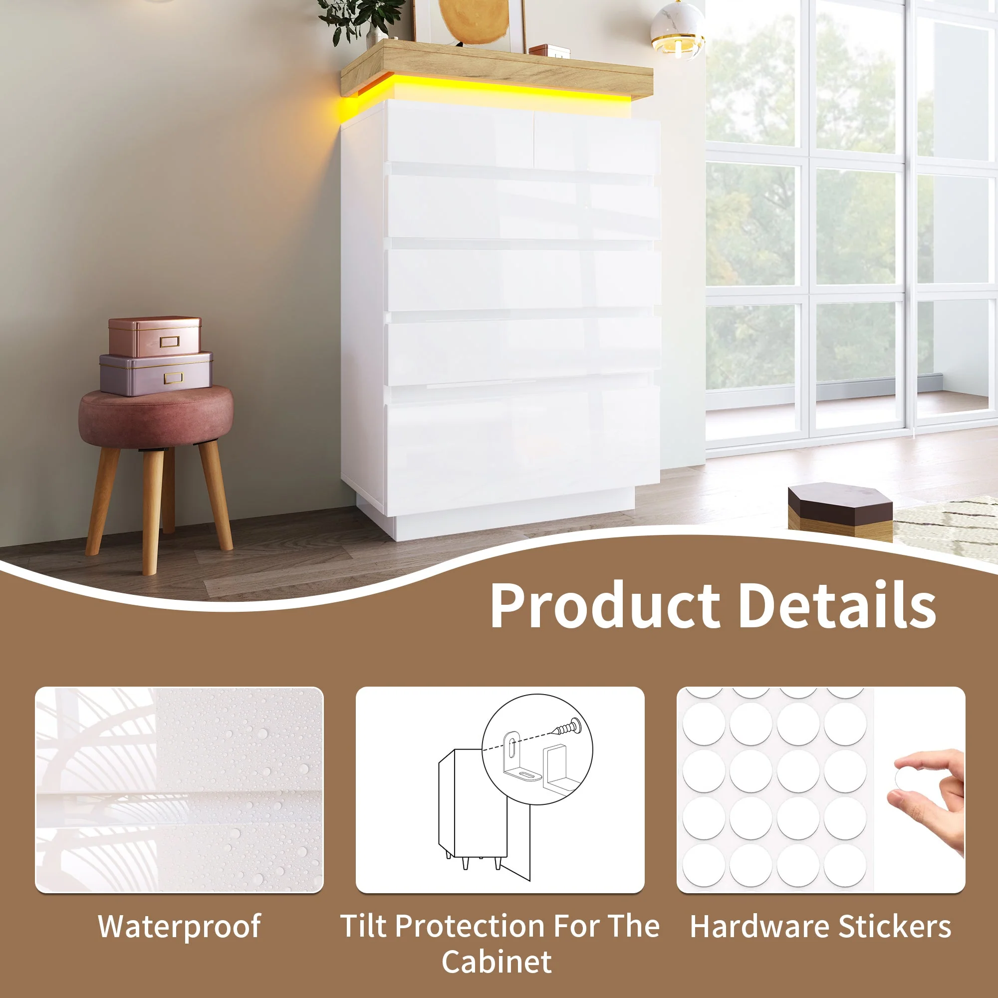 Chest of Drawers with 6 Drawers, High-Gloss Sideboard Cabinet, RGB LED (App-Controlled) Storage, Multi-purpose for Living Room & Bedroom, White - Image 3