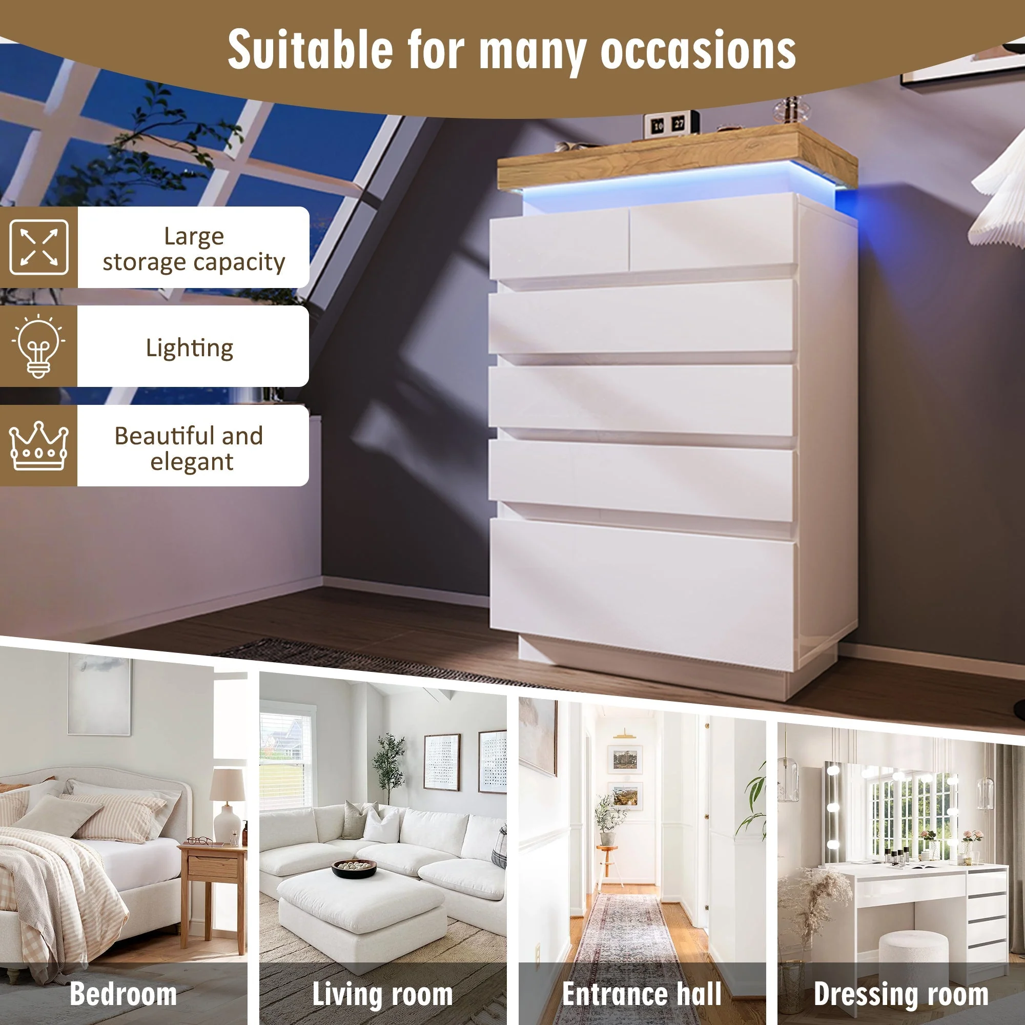 Chest of Drawers with 6 Drawers, High-Gloss Sideboard Cabinet, RGB LED (App-Controlled) Storage, Multi-purpose for Living Room & Bedroom, White - Image 5