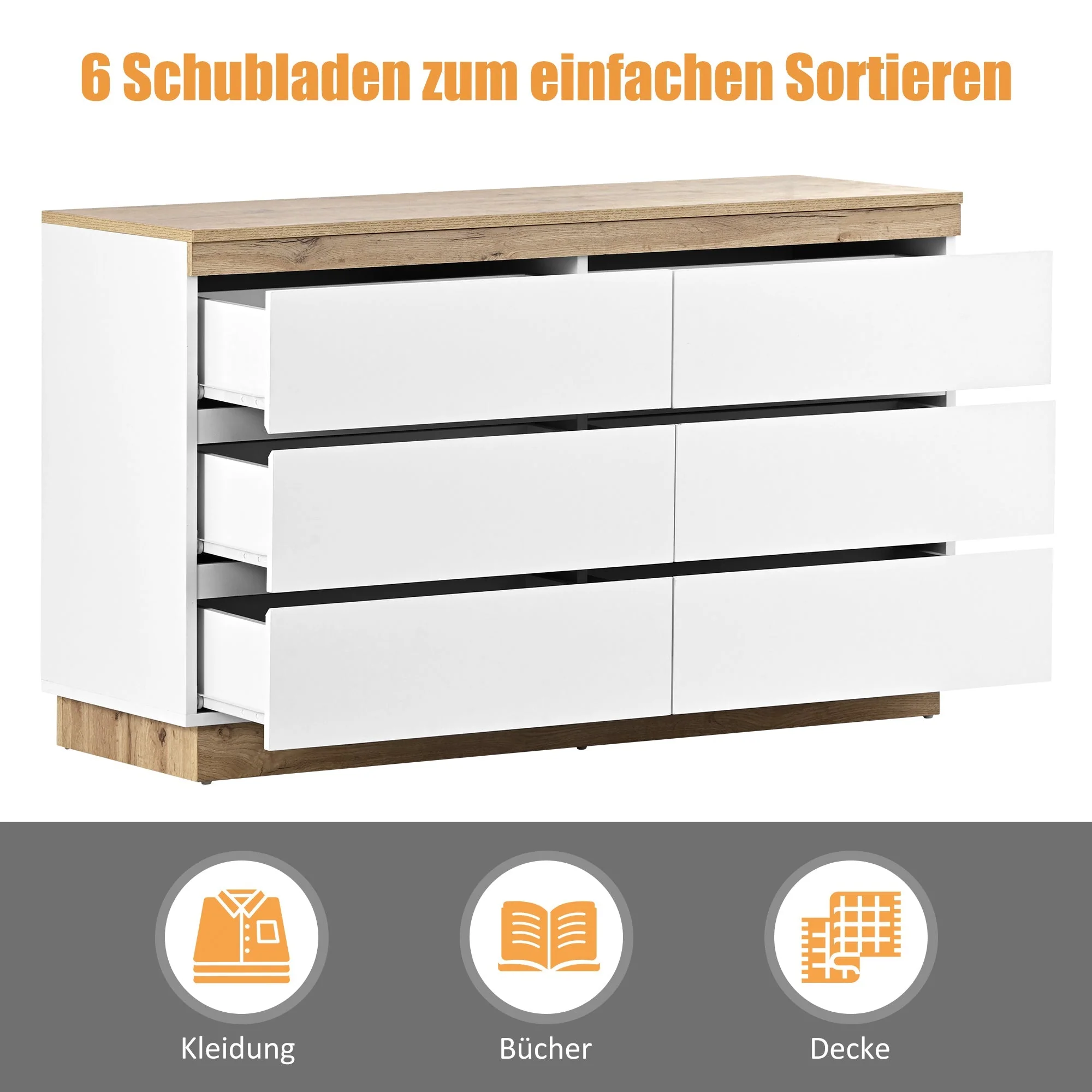 Chest of Drawers with 6 Drawers Lockable Storage for Bedroom & Living Room White/Oak E1 Chipboard - Image 5