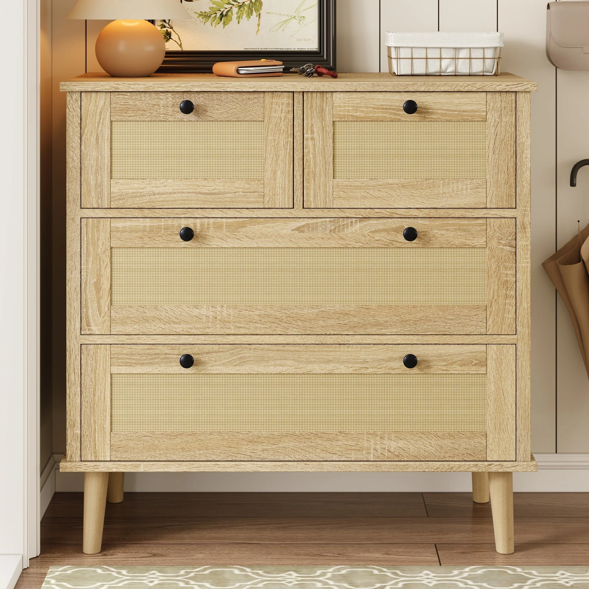 Chest of drawers with four drawers, rattan, solid wood - Image 10