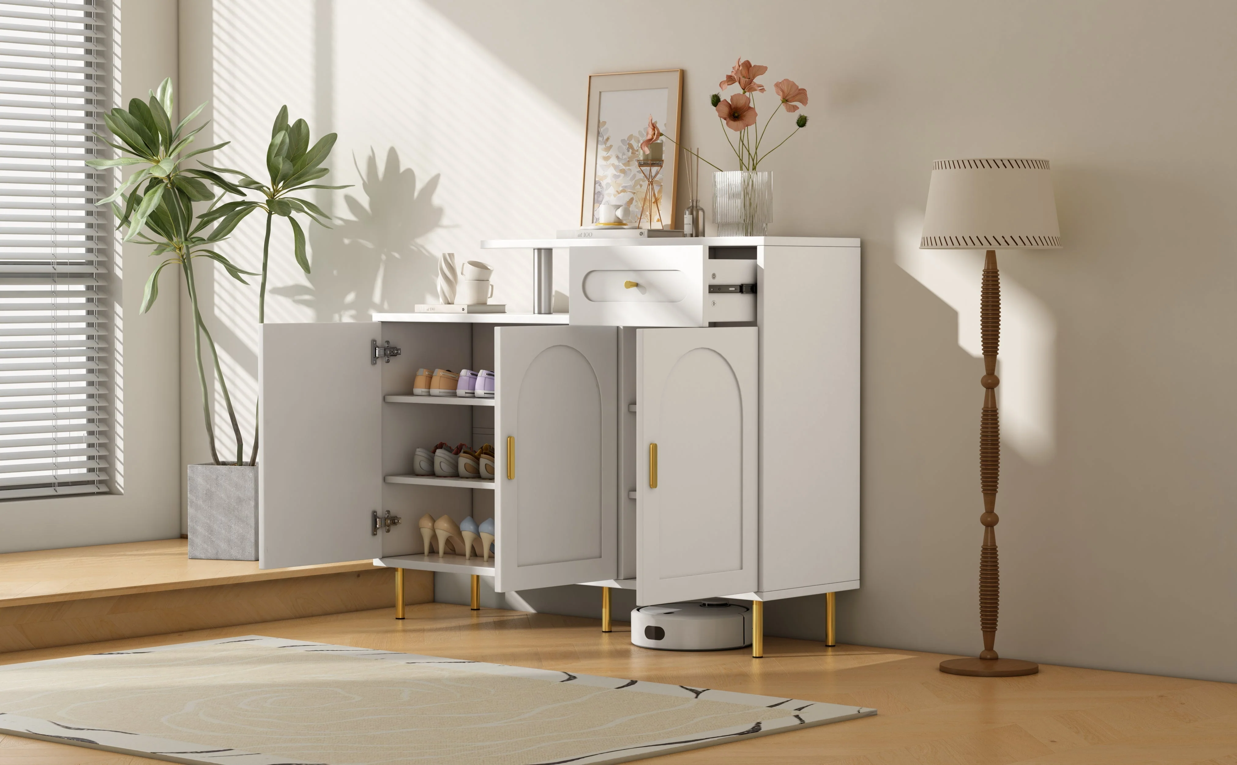 Chest of Drawers with Metal Handles, 1 Drawer, 3 Doors, on Metal Feet, White - Image 3