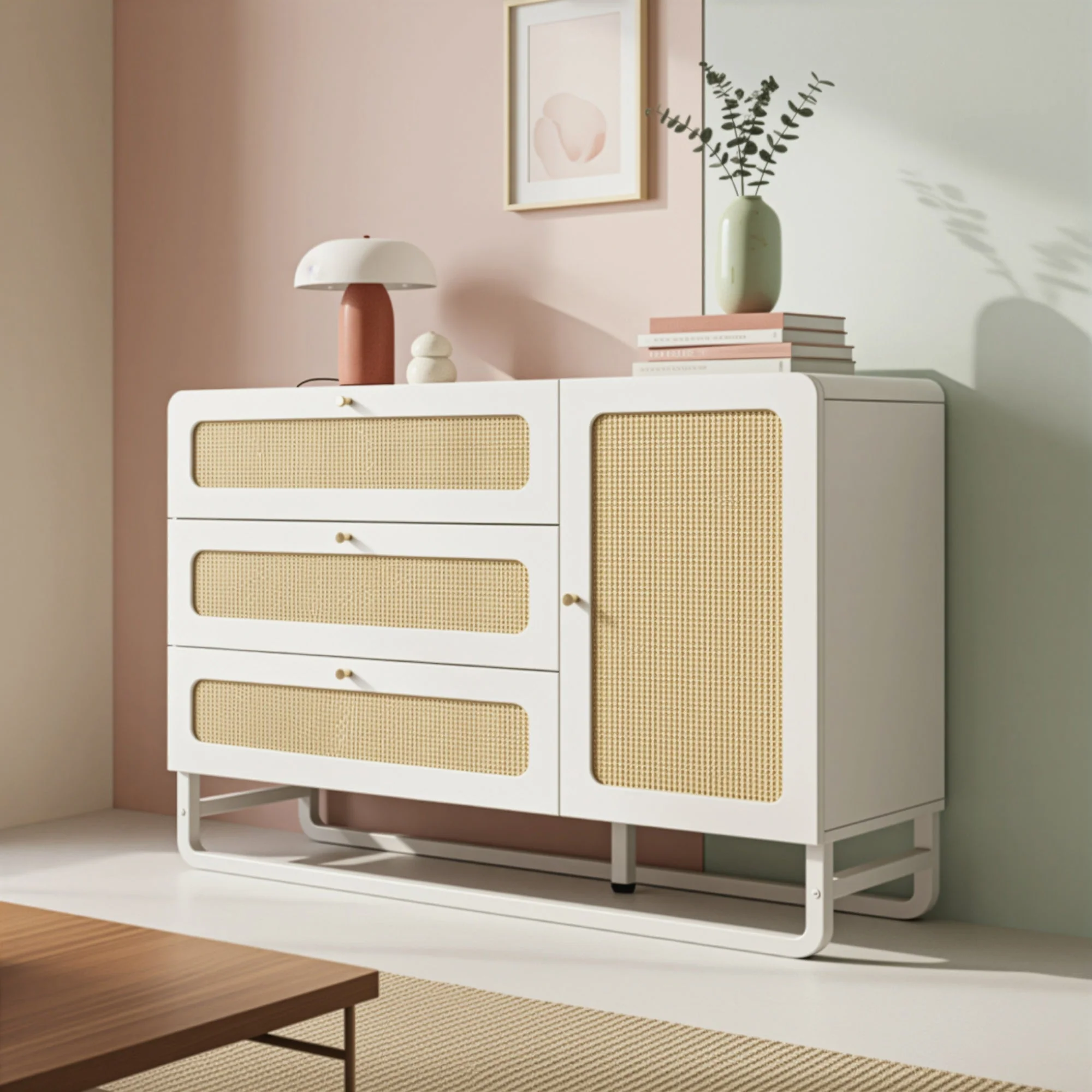Chest of Drawers with Rattan & Gold Handles, 3 Drawers 1 Door, White Country Style - Image 3