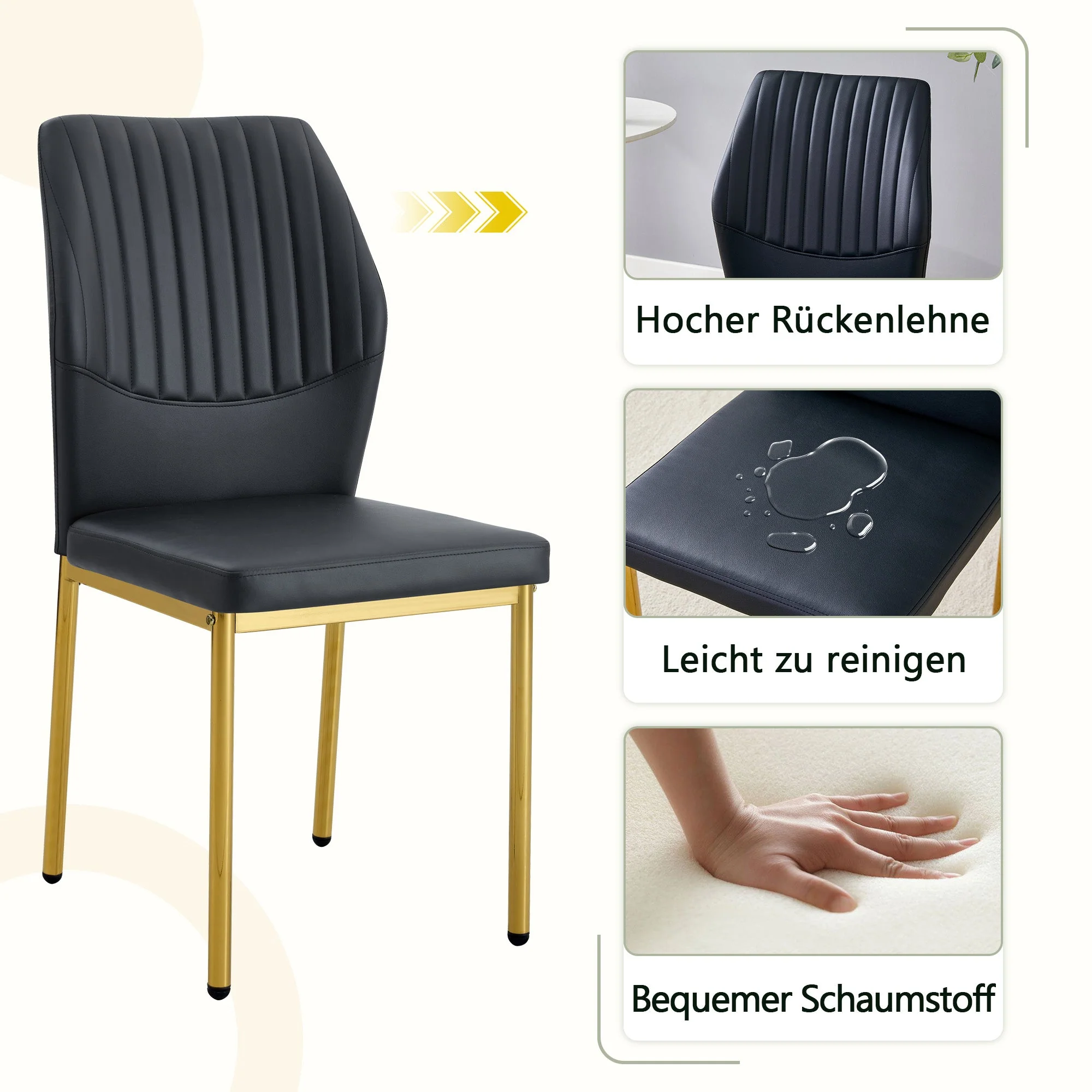 Chic Dining Chairs, Set of 4 with Vertical Embossing and Metal Legs, Black and Gold - Image 7