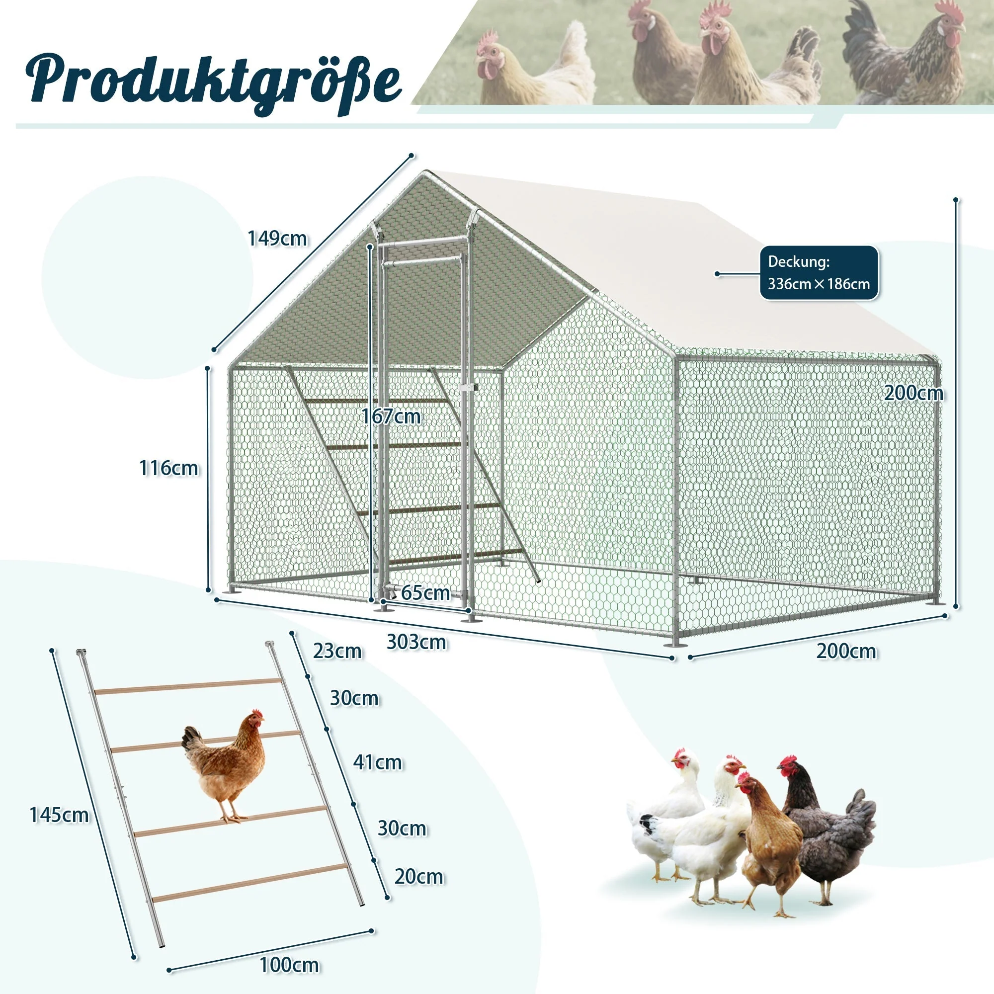 Chicken Coop 3x2m with Ladder, Safety Lock, and Waterproof UV Cover - Reinforced 1mm Tubes - Image 3