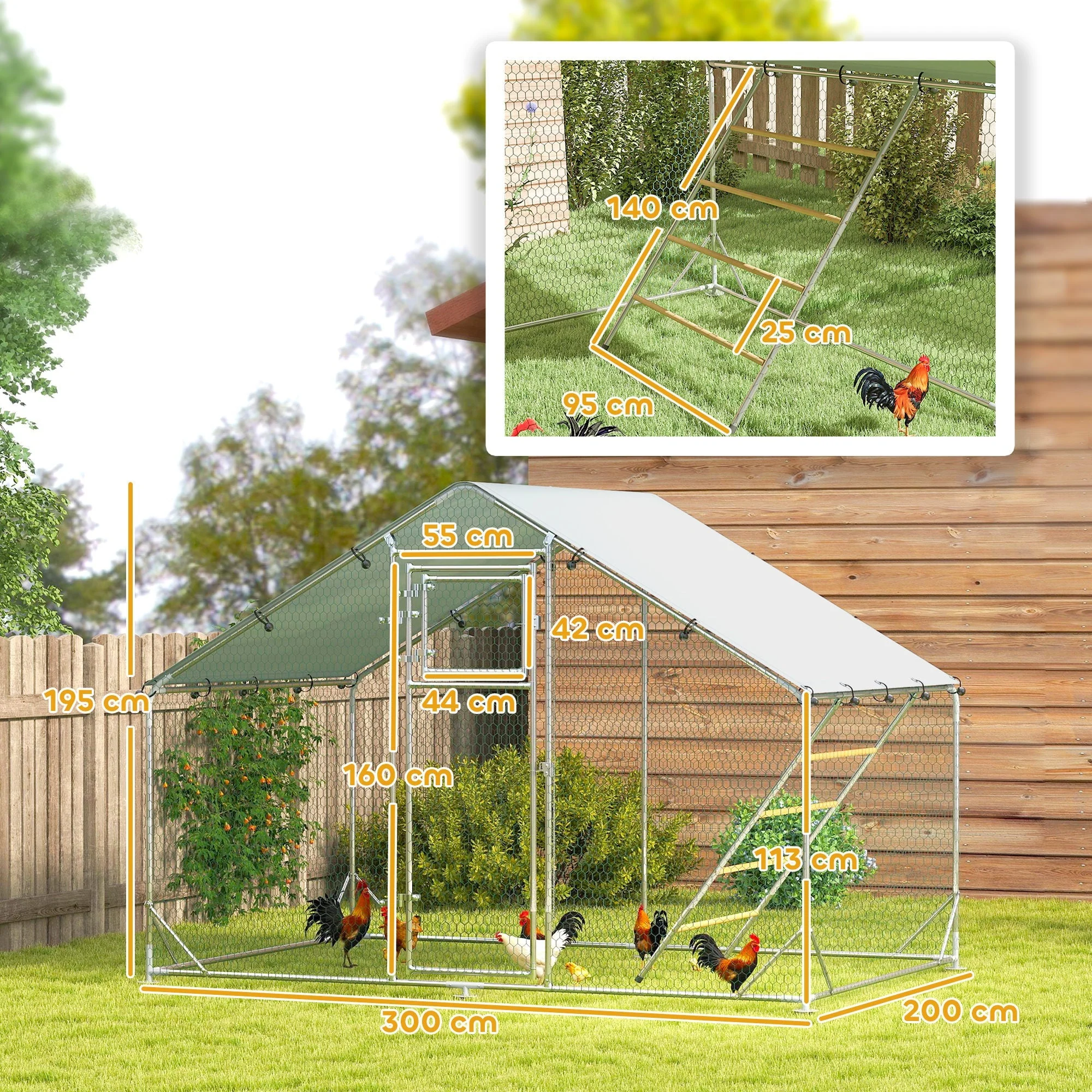 Chicken Coop Free-Range Enclosure, 300 x 200 x 195 cm, Steel, Silver - Image 3
