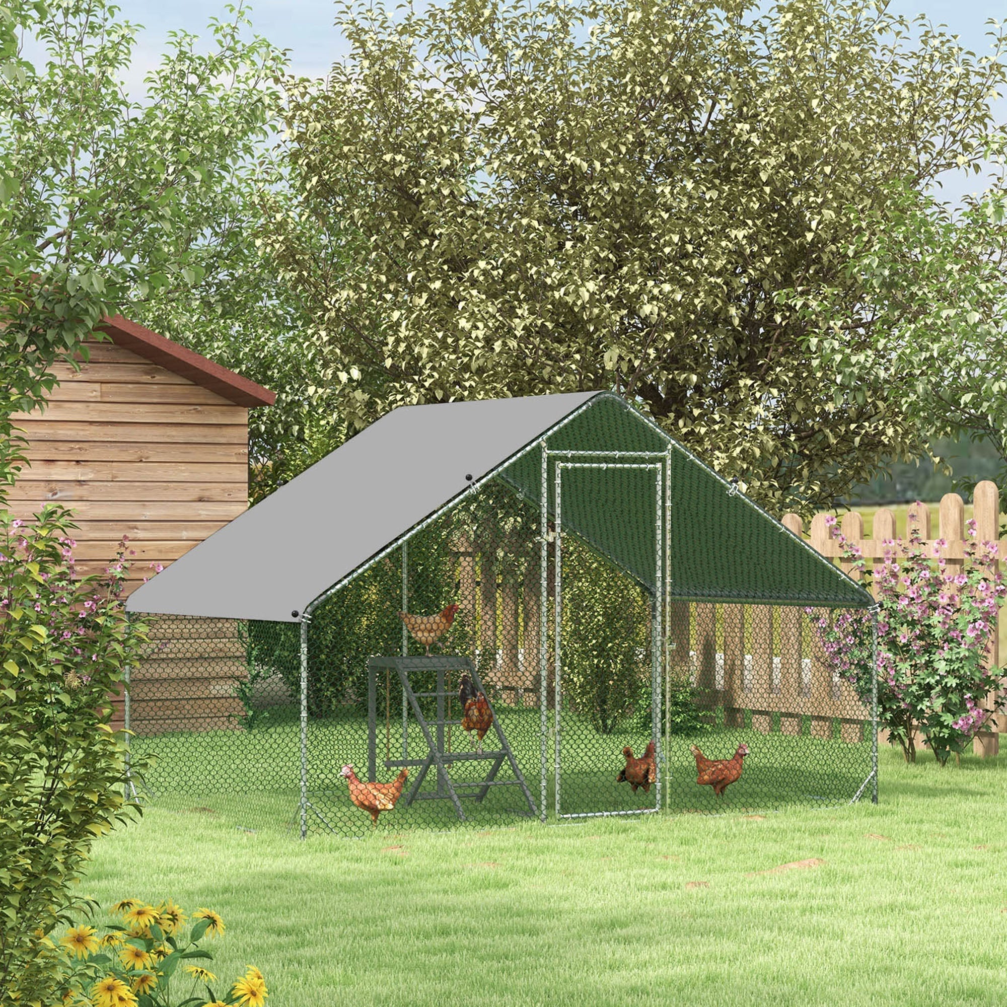 Chicken Coop Free-Range Enclosure, 300 x 200 x 200 cm, 4-6 Chickens, Steel, Silver - Image 8