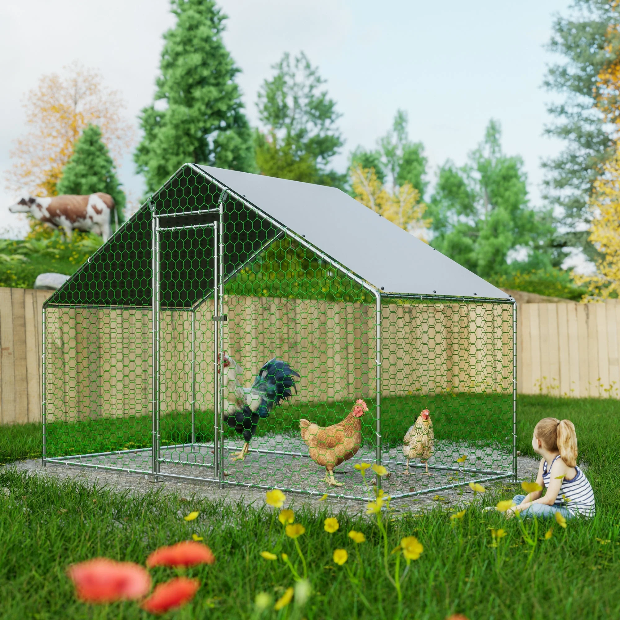 Chicken Coop/Run 3x1.5x2m Safety Lock Waterproof Enclosure, Metal