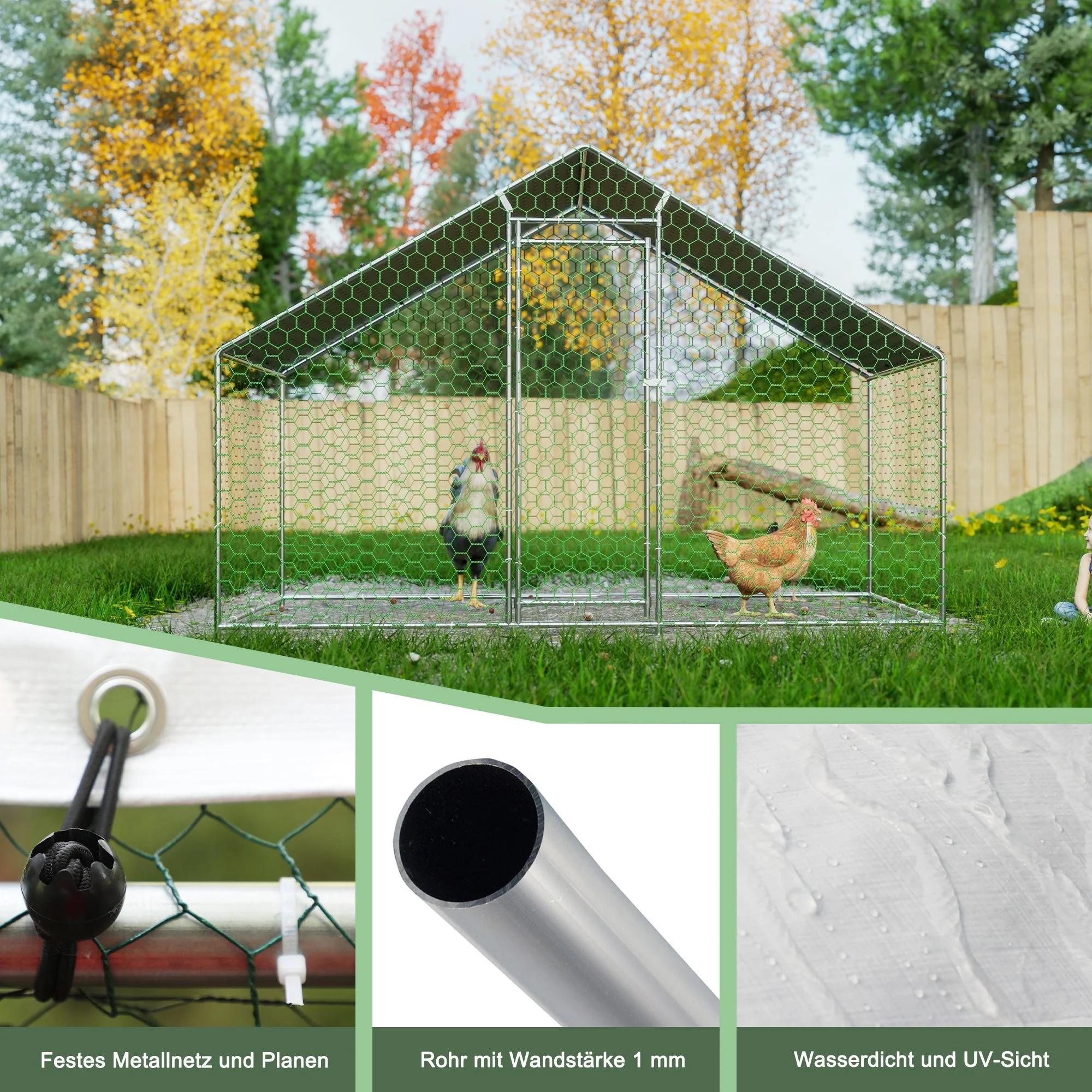 Chicken Coop/Run 3x1.5x2m Safety Lock Waterproof Enclosure, Metal - Image 5