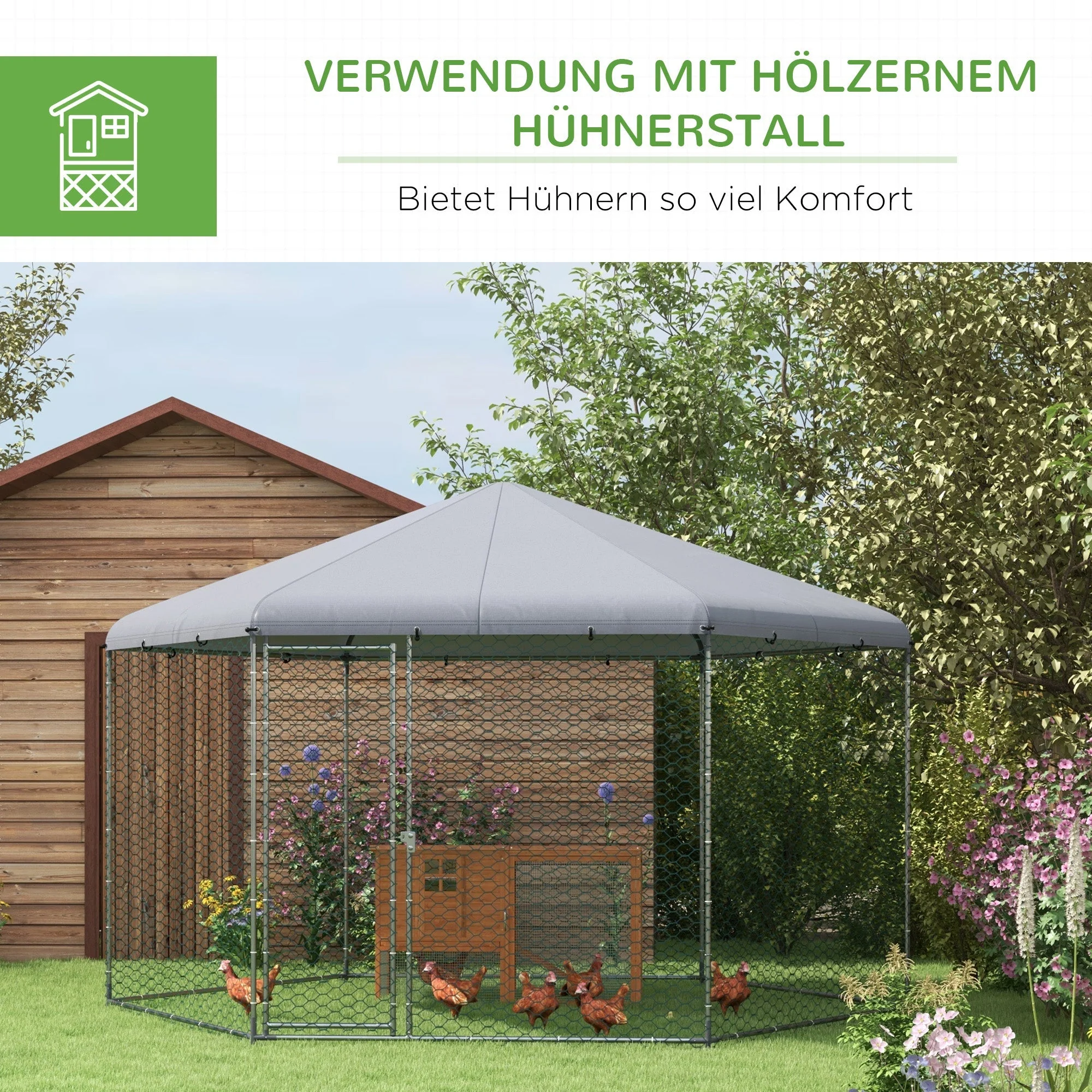 Chicken Coop Steel Run Cage with Cover & Door for 10-15 Animals, Grey - Image 5