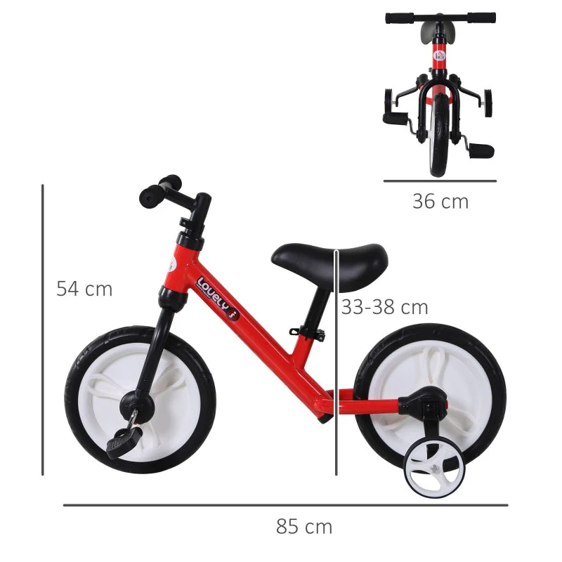 Children's Balance Bike, 2-in-1 with Training Wheels and Pedals, Red - Image 3