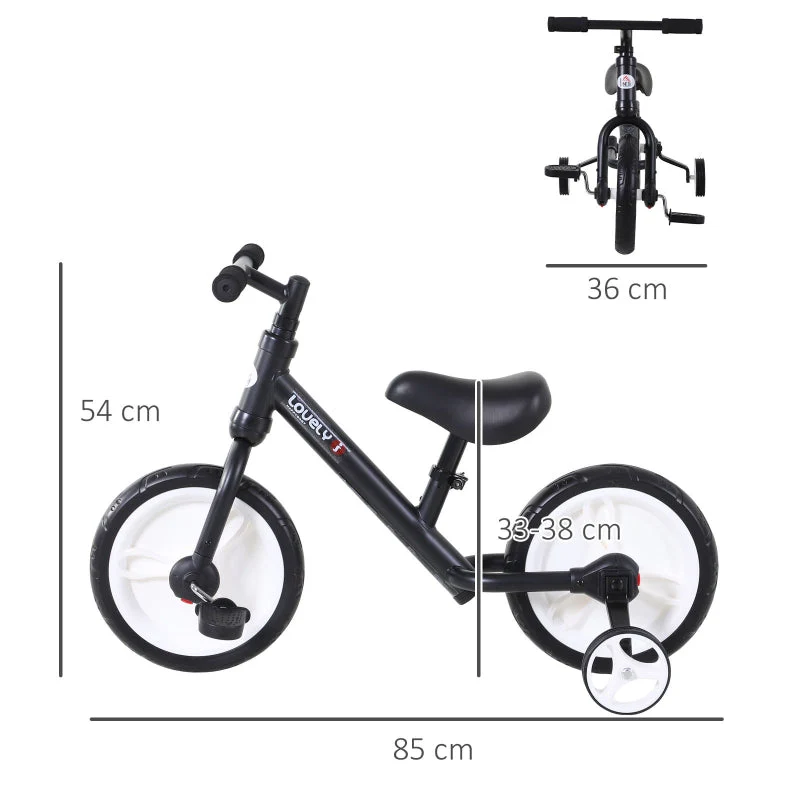 Children's Balance Bike with Training Wheels, Pedals and Adjustable Seat, Black - Image 3