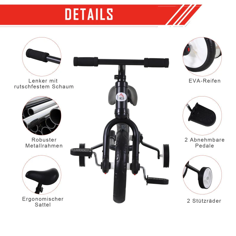 Children's Balance Bike with Training Wheels, Pedals and Adjustable Seat, Black - Image 6