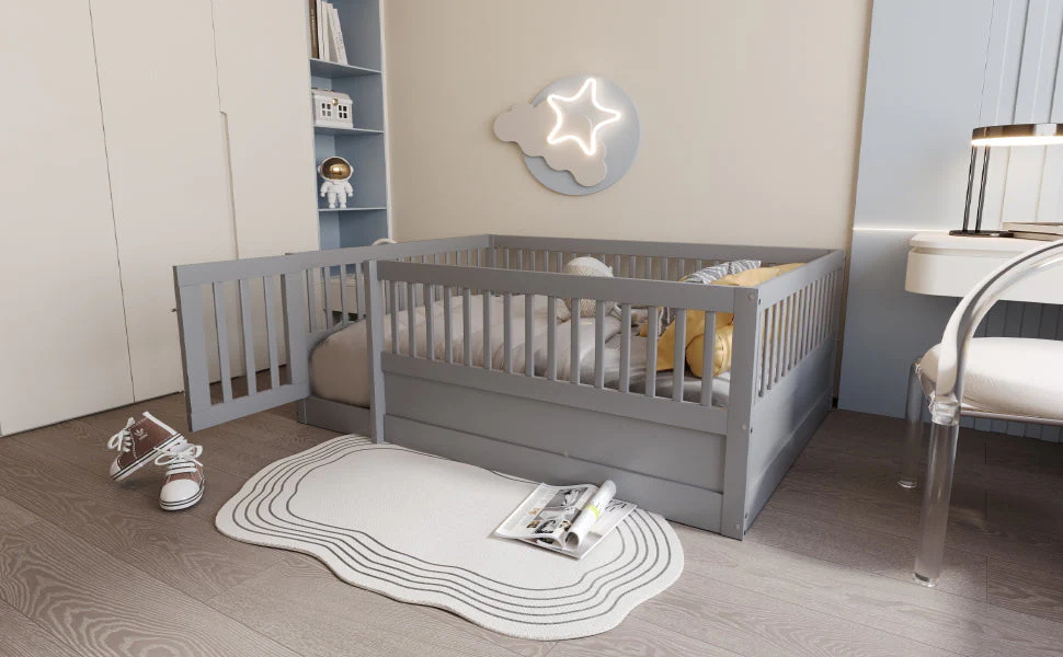 Children's Bed 140 x 200 cm, Wooden Frame with Bars & Door, Grey - Image 5