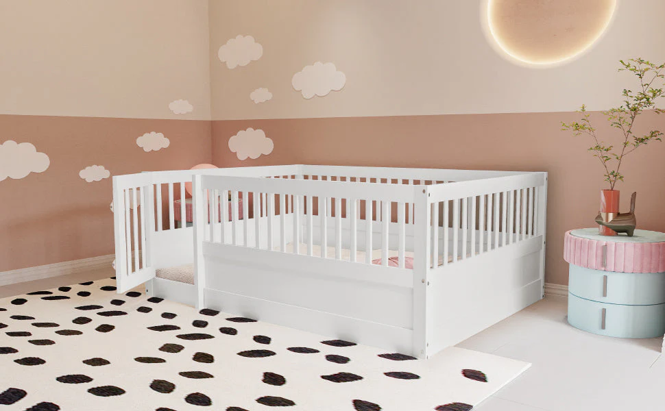 Children's Bed, 140 x 200 cm Wooden Frame with Bars & Door, White - Image 6