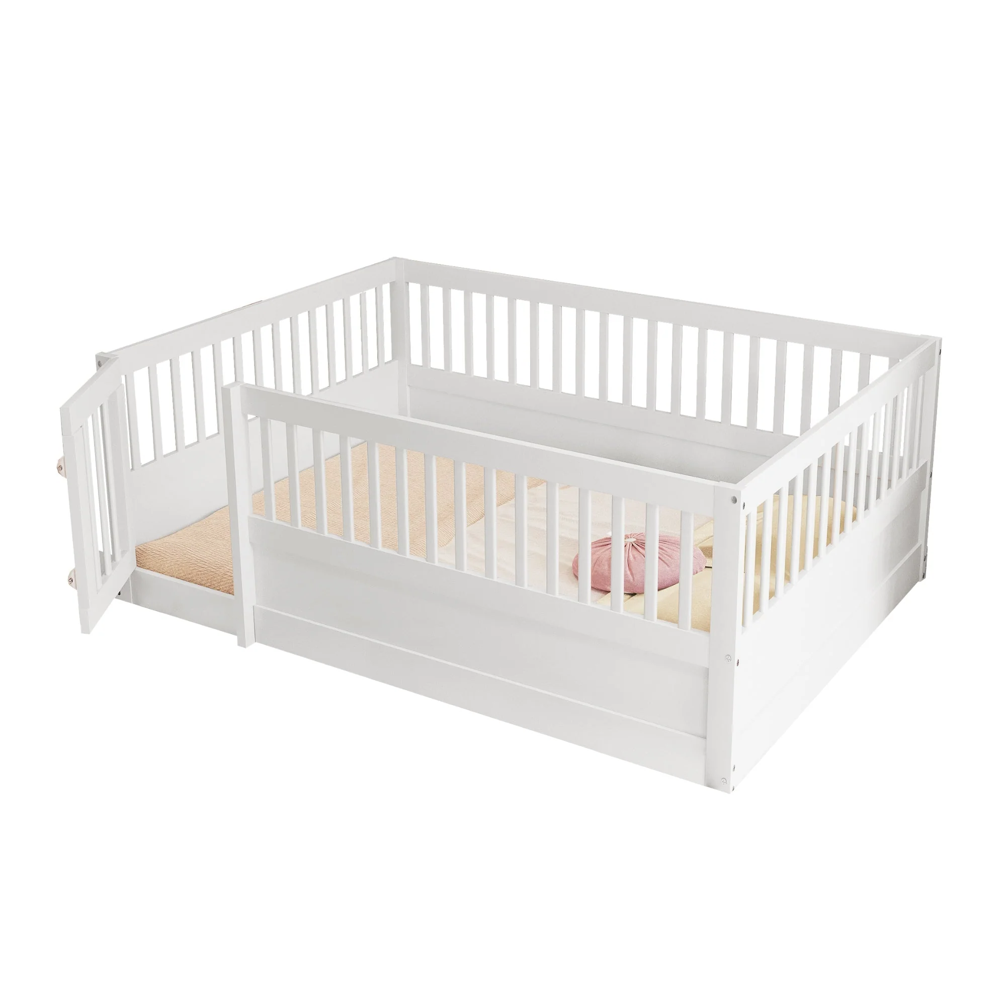 Children's Bed, 140 x 200 cm Wooden Frame with Bars & Door, White - Image 7