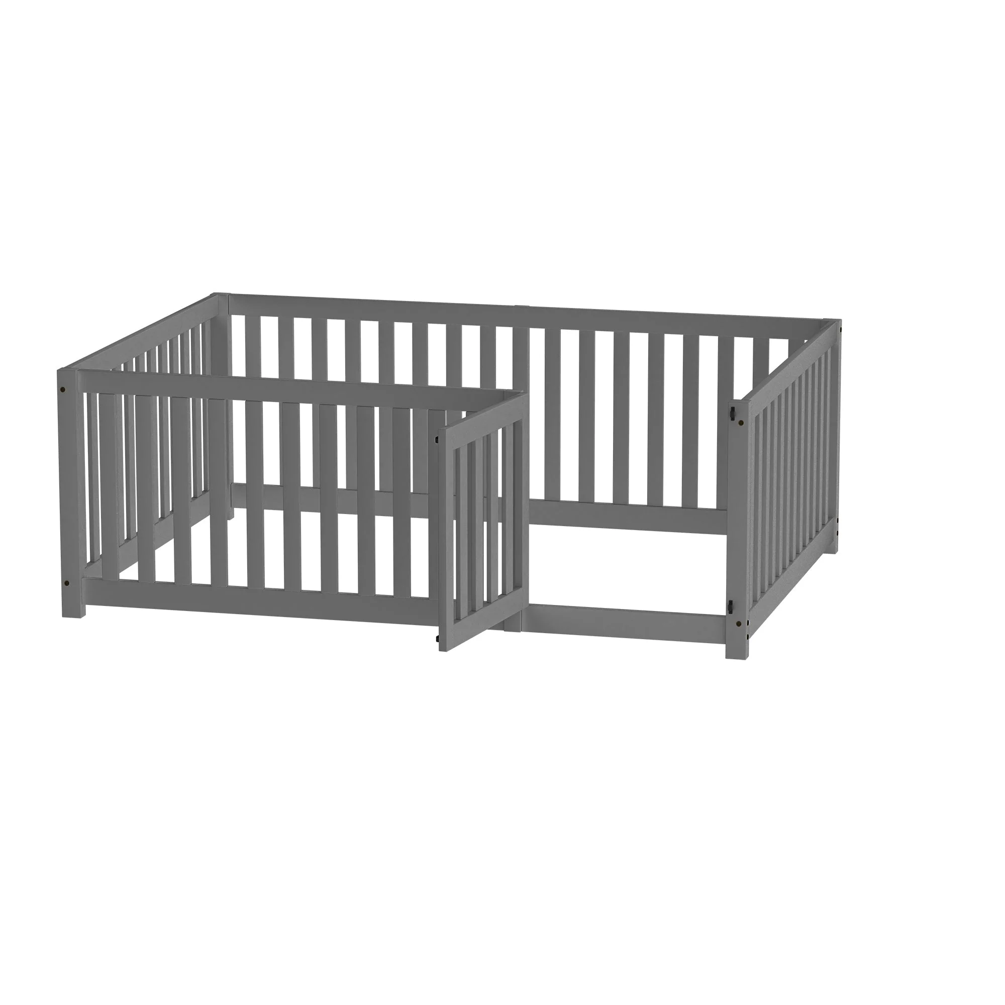 Children's bed 140 x 200, wooden floor bed frame with fence and door, grey - Image 10