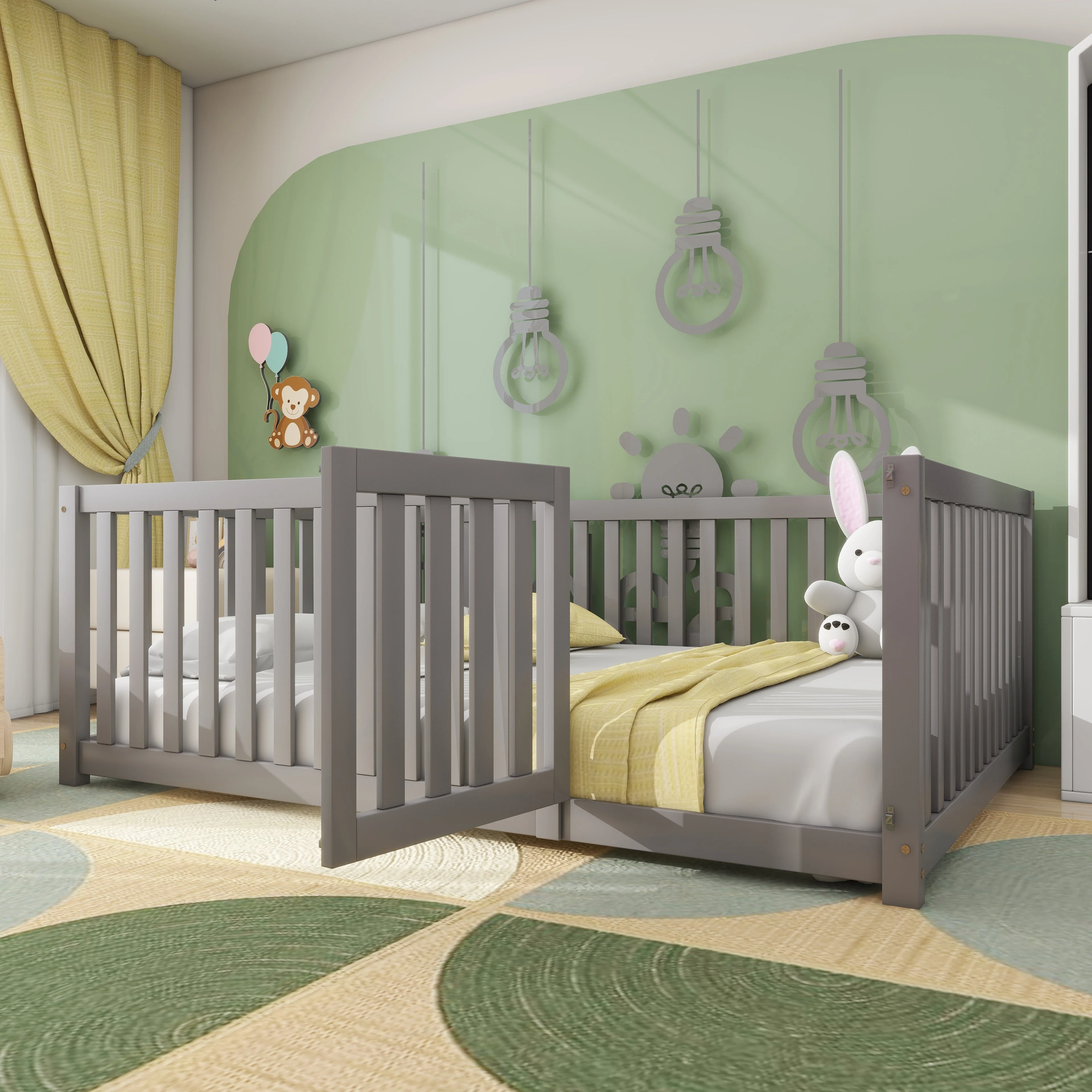 Children's bed 140 x 200, wooden floor bed frame with fence and door, grey - Image 2
