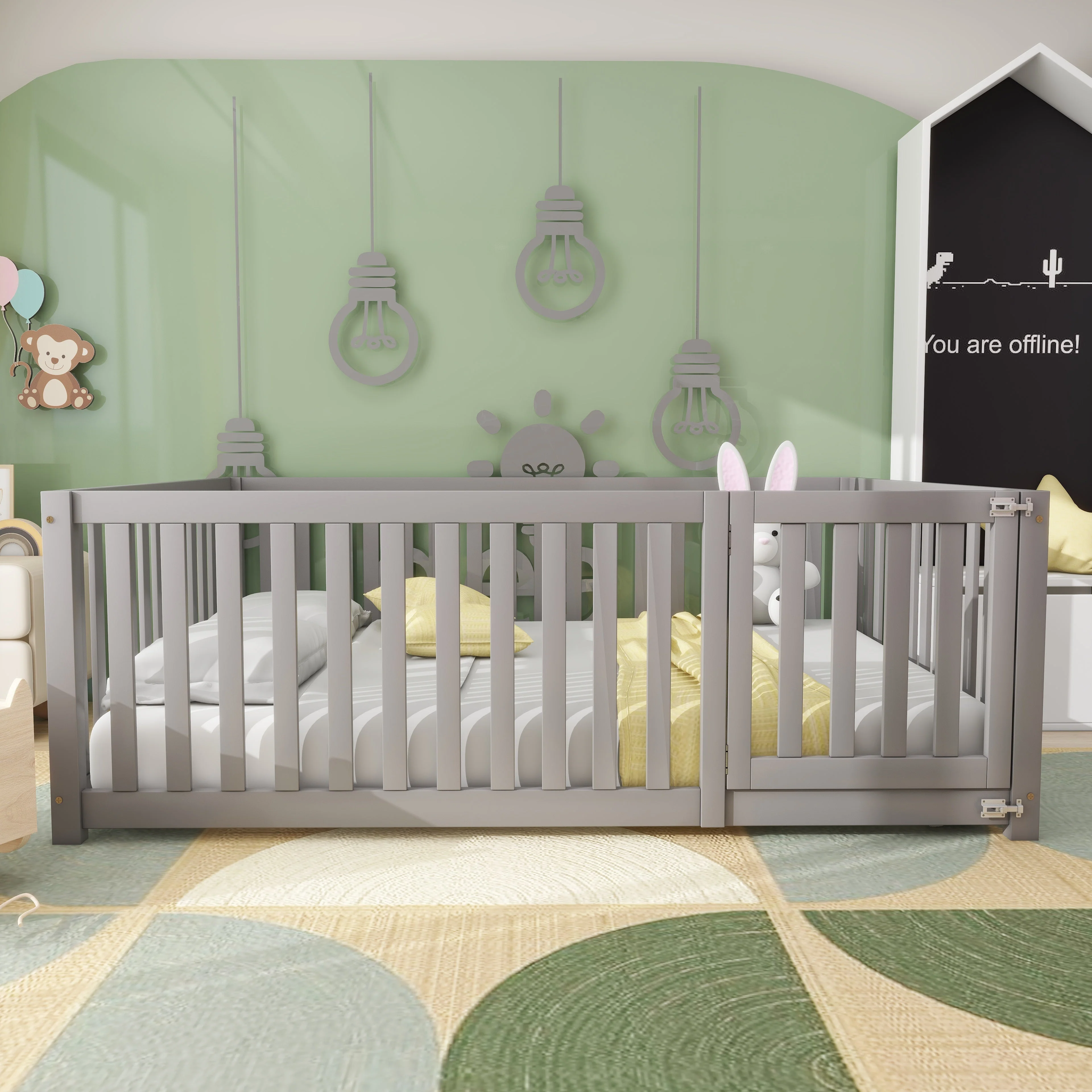 Children's bed 140 x 200, wooden floor bed frame with fence and door, grey - Image 3
