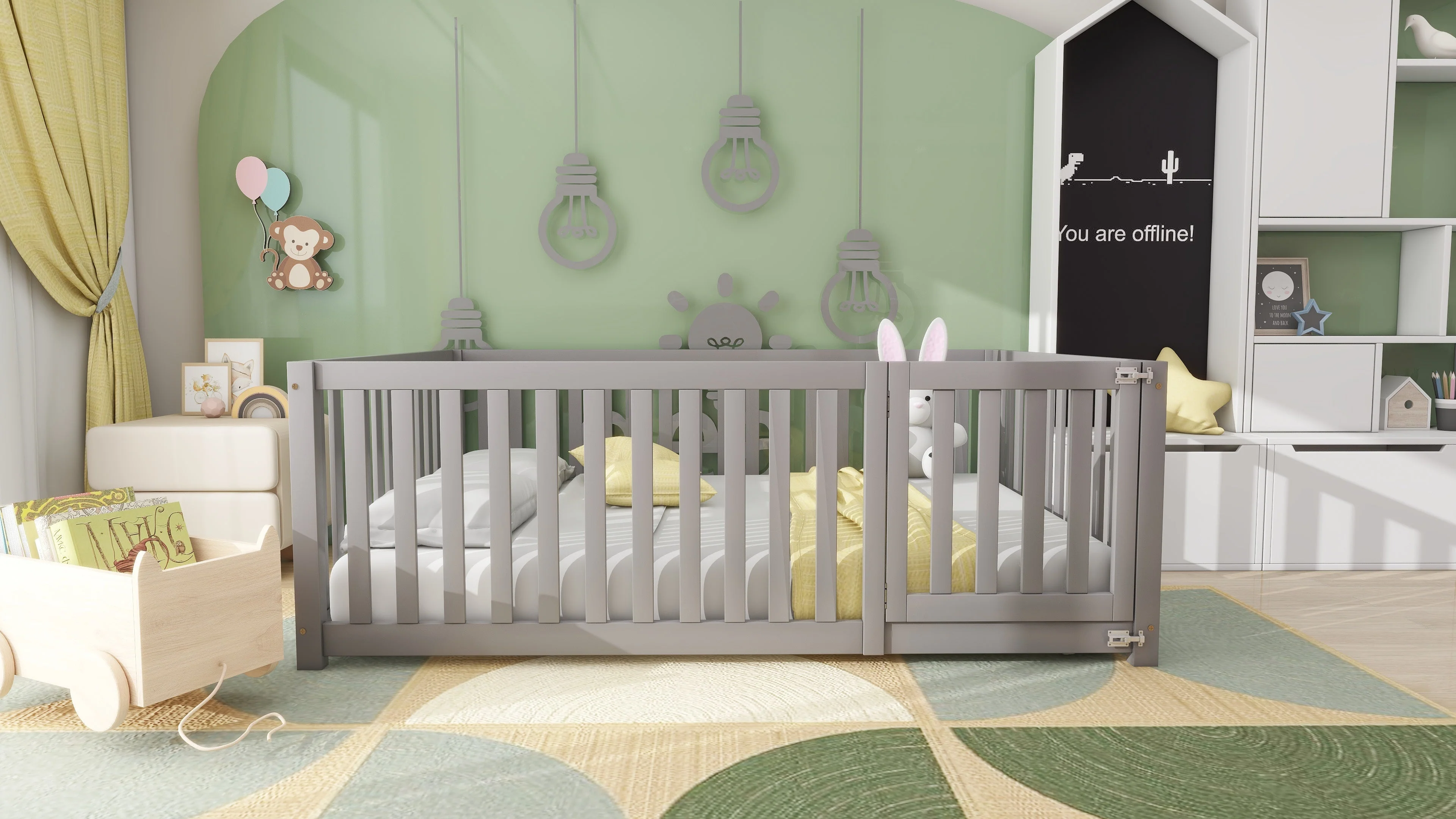Children's bed 140 x 200, wooden floor bed frame with fence and door, grey - Image 5