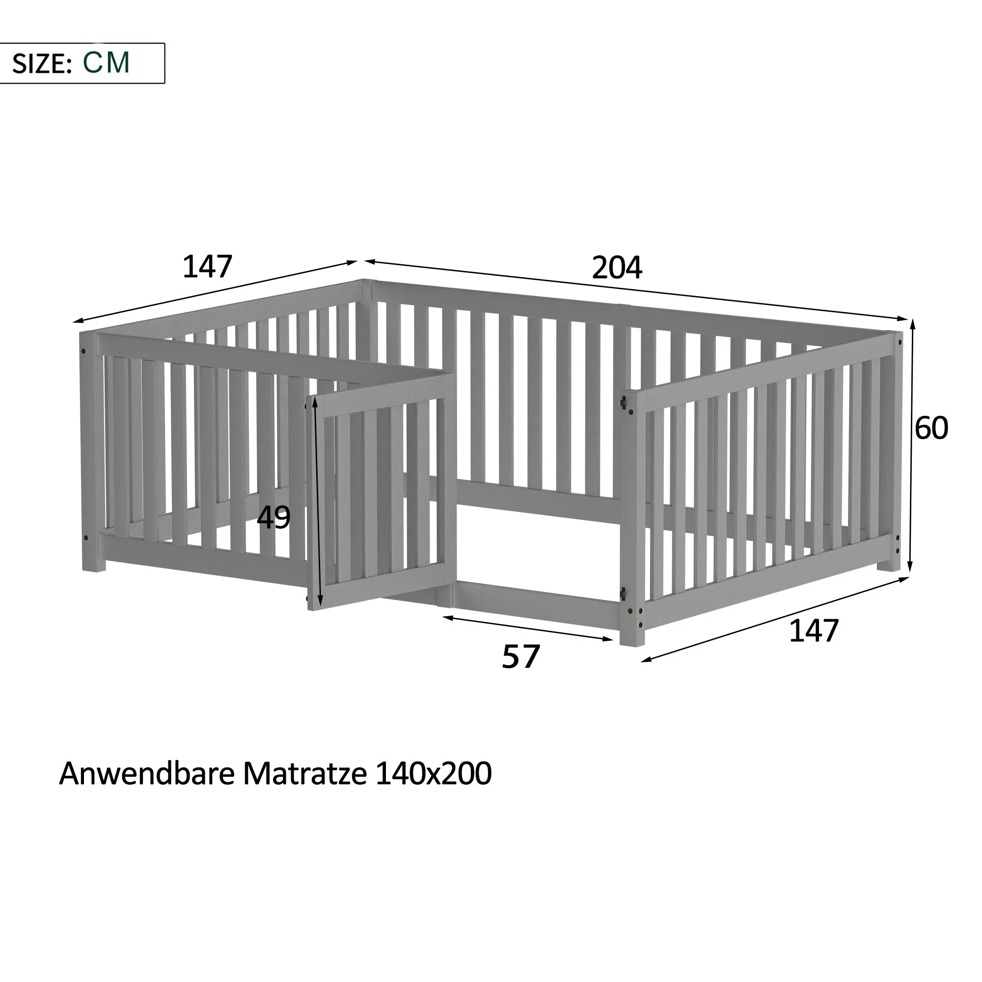 Children's bed 140 x 200, wooden floor bed frame with fence and door, grey - Image 7