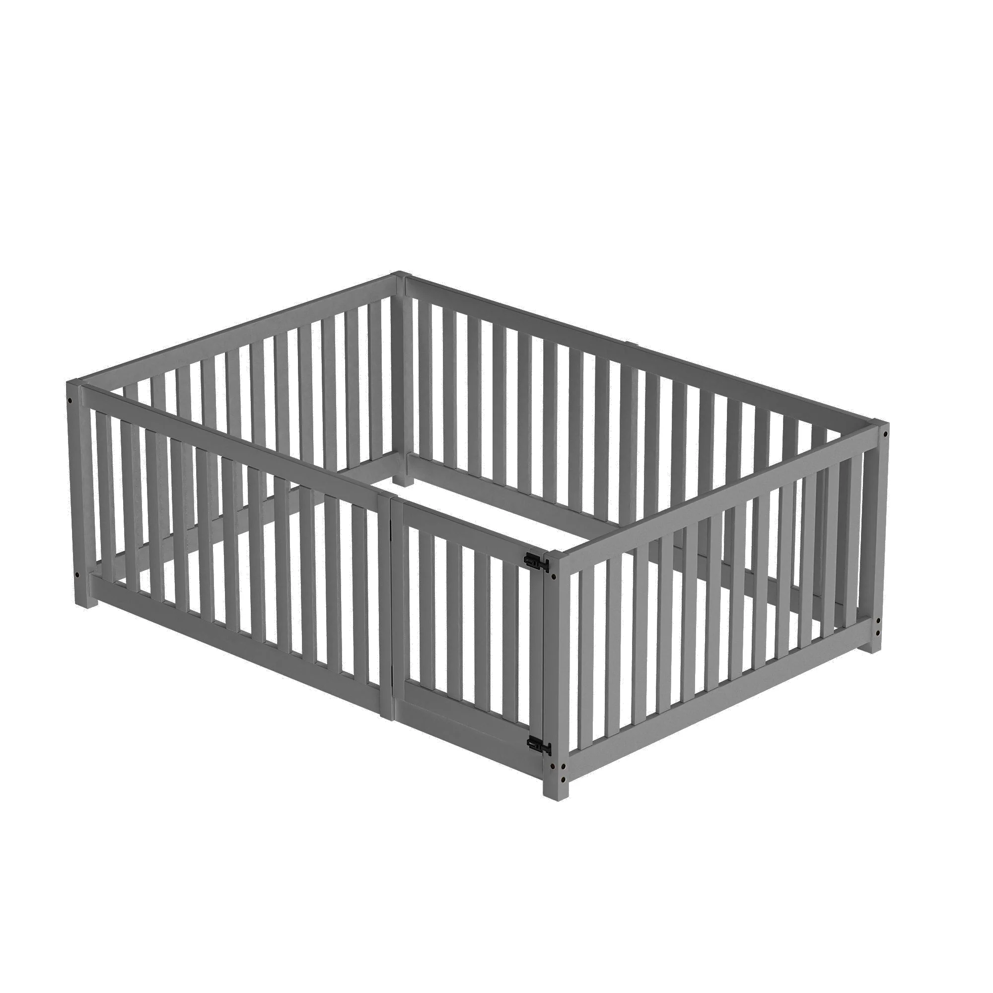 Children's bed 140 x 200, wooden floor bed frame with fence and door, grey - Image 9
