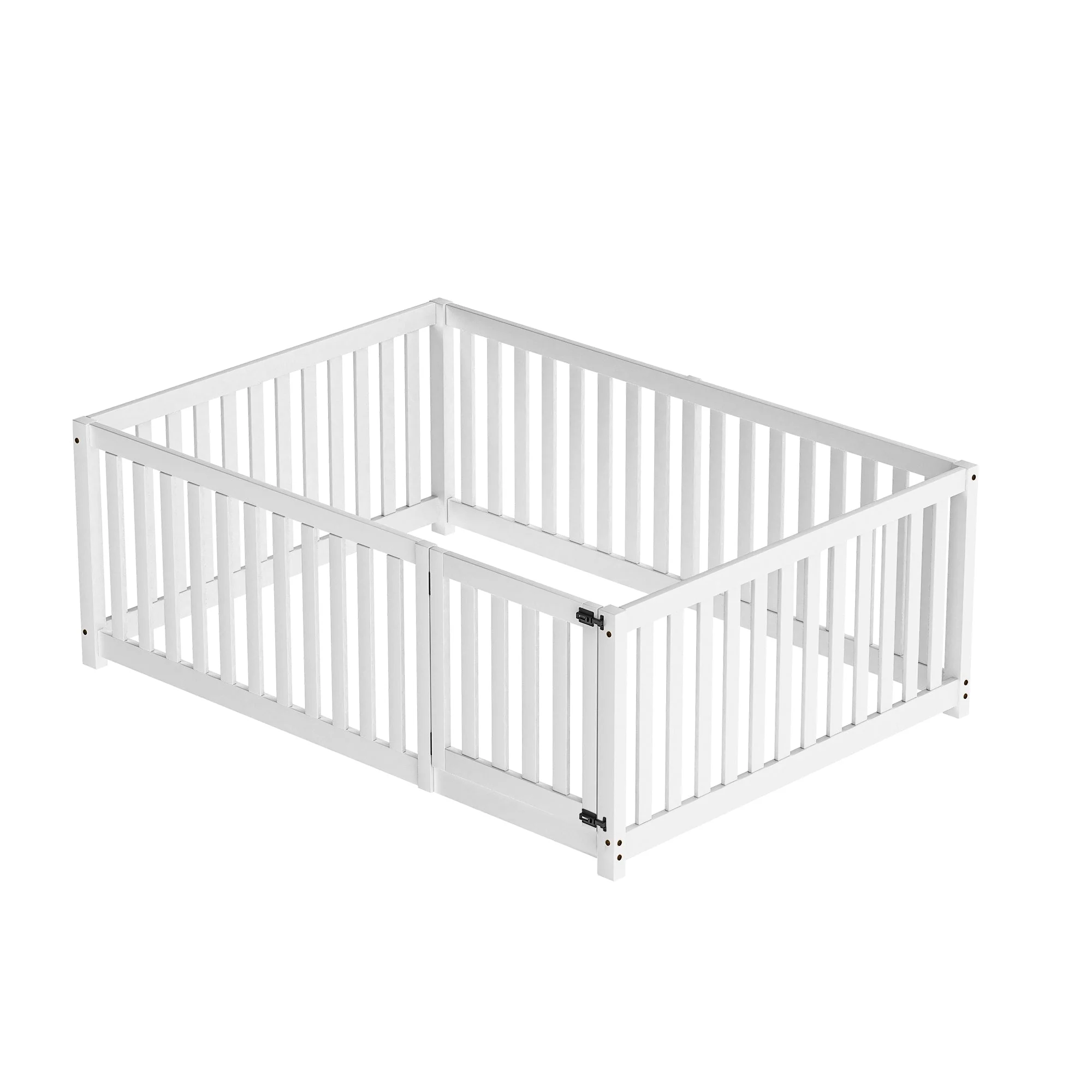 Children's bed 140 x 200, wooden floor bed frame with fence and door, white - Image 10