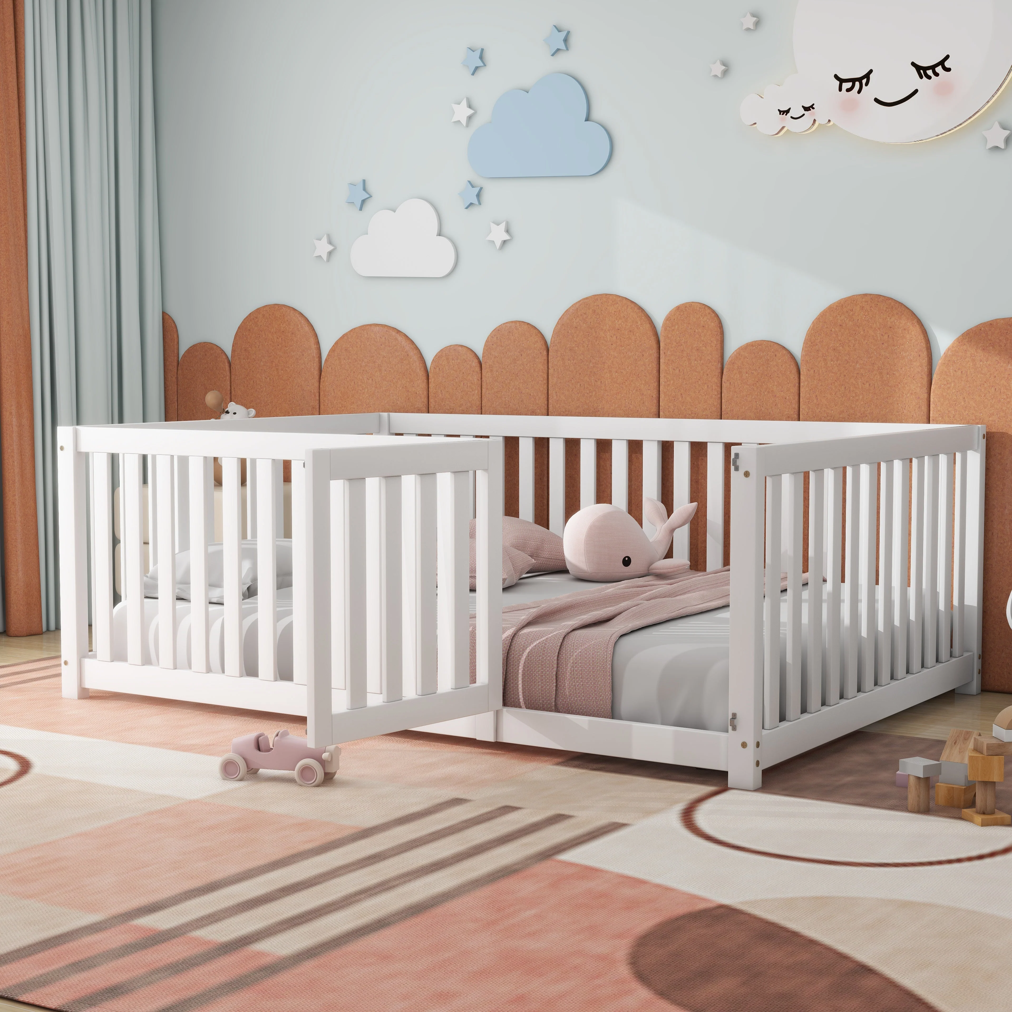 Children's bed 140 x 200, wooden floor bed frame with fence and door, white - Image 2