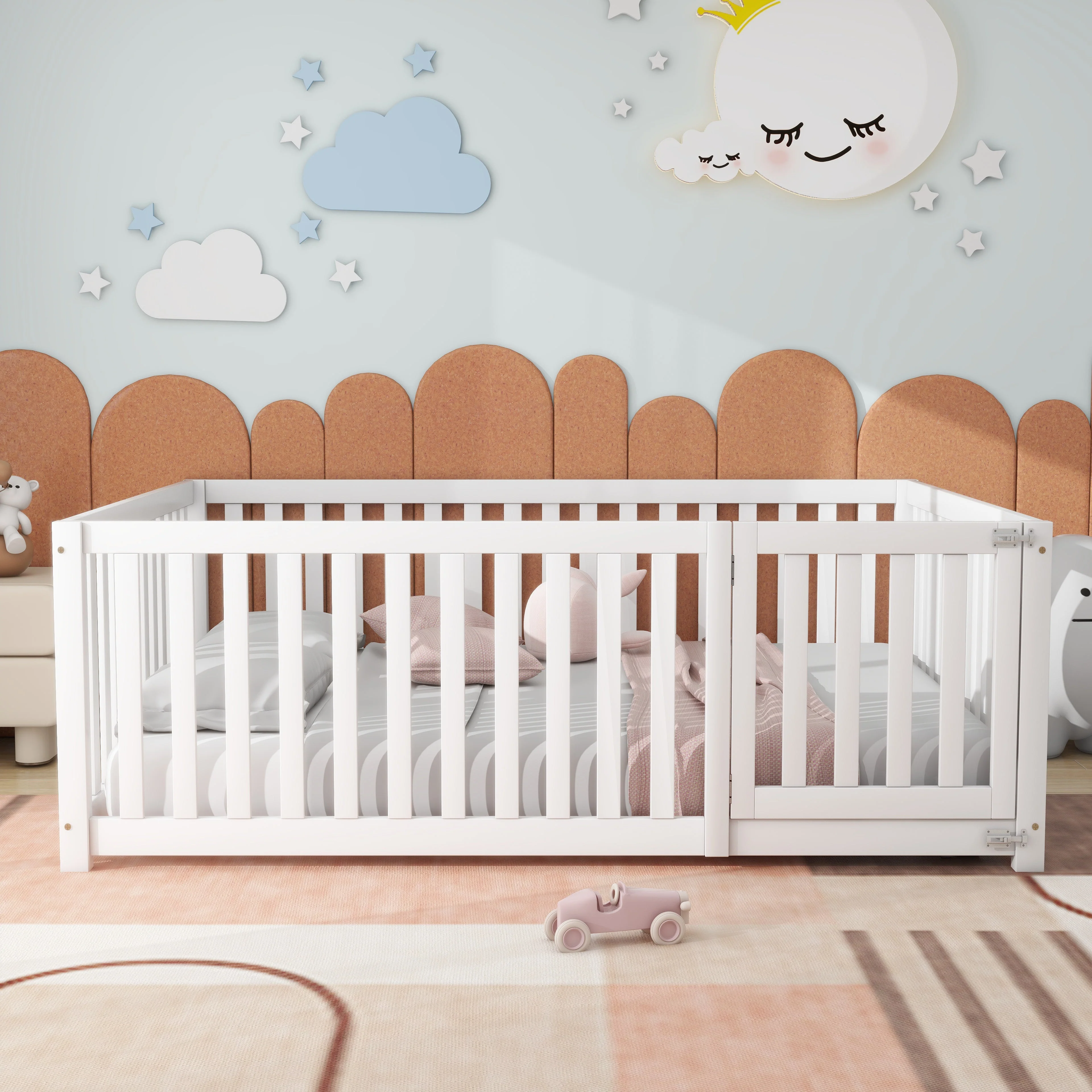 Children's bed 140 x 200, wooden floor bed frame with fence and door, white - Image 3