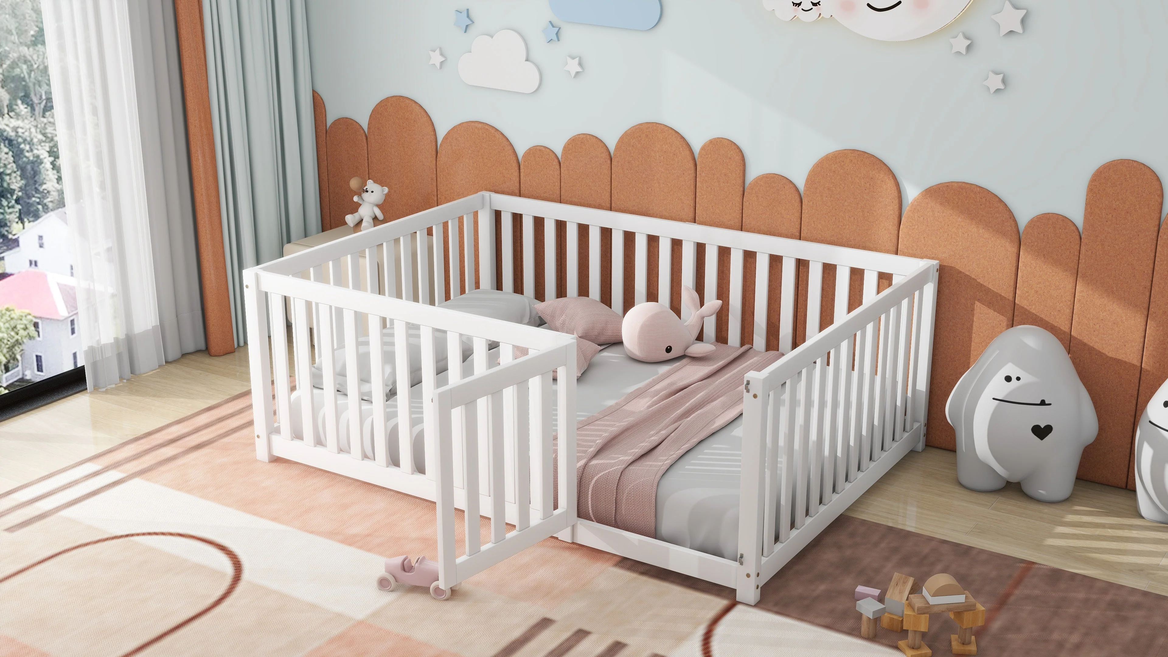 Children's bed 140 x 200, wooden floor bed frame with fence and door, white - Image 4