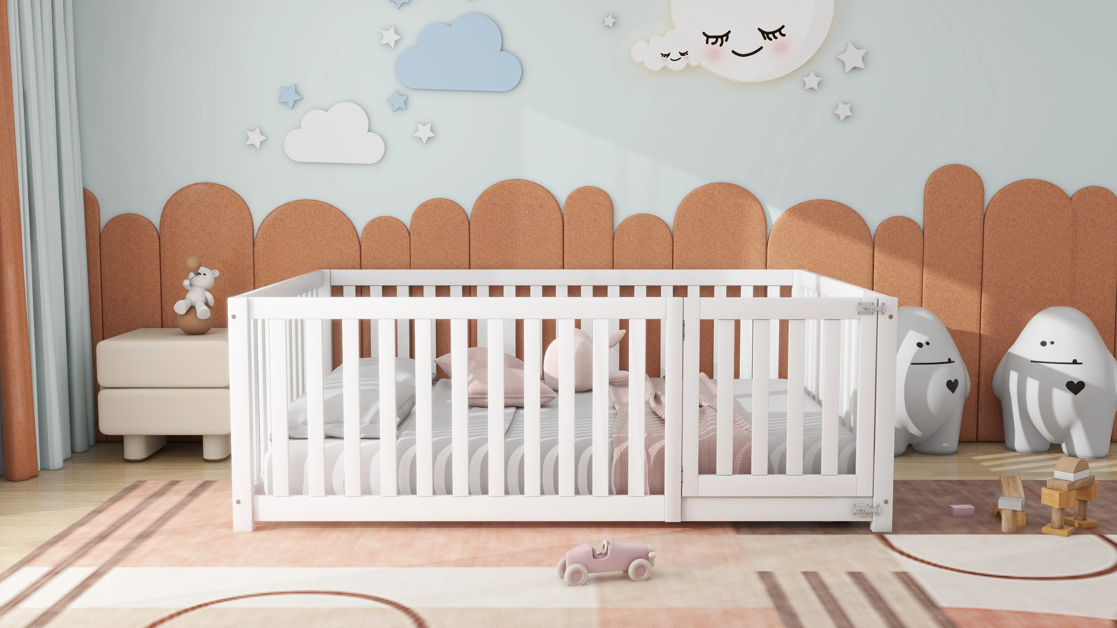 Children's bed 140 x 200, wooden floor bed frame with fence and door, white - Image 5