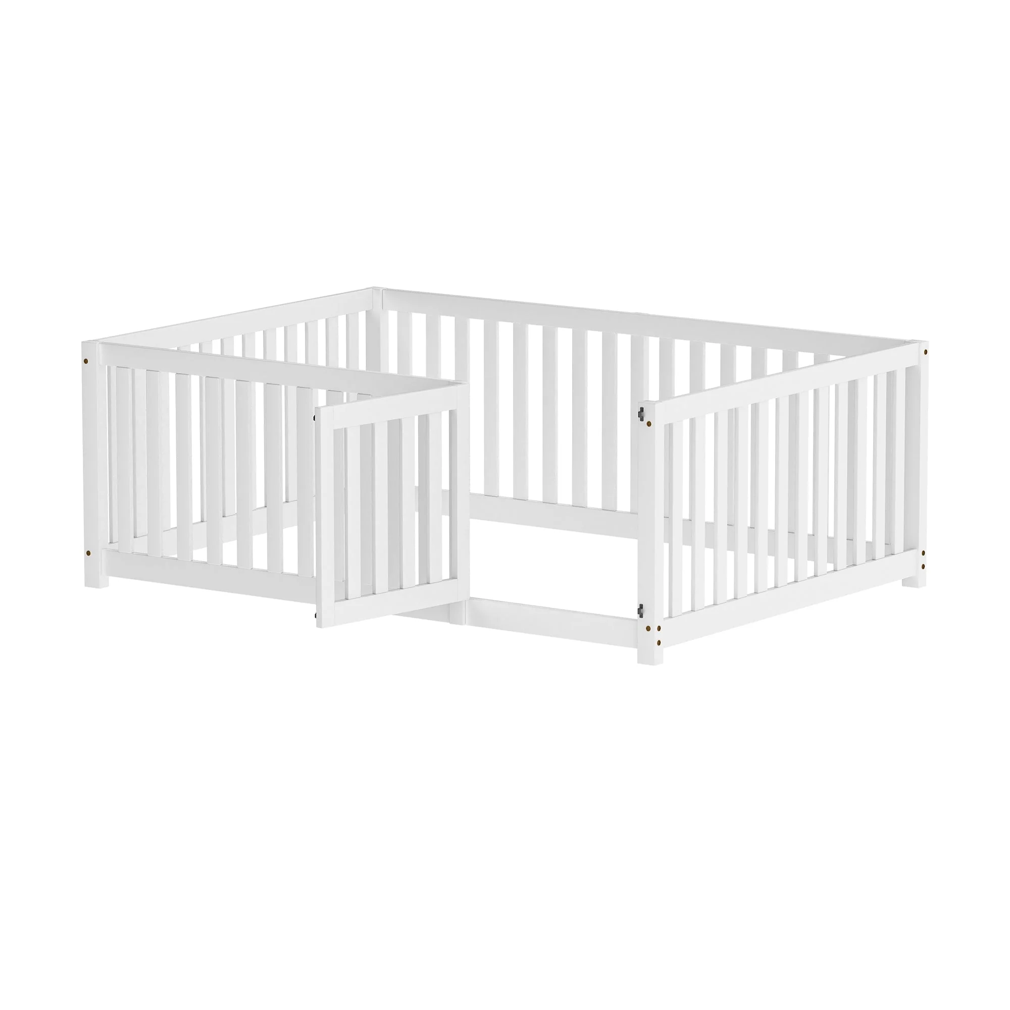 Children's bed 140 x 200, wooden floor bed frame with fence and door, white - Image 6